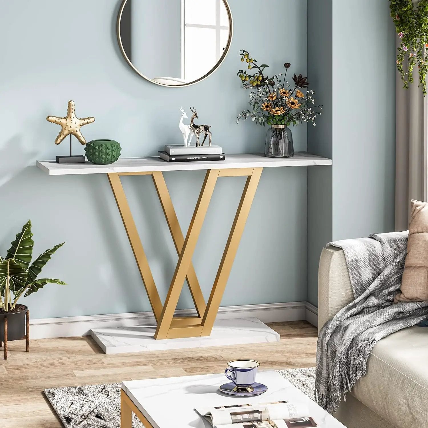 Console Table With Top With V Leg Frame For Hallway, Living Room - White / Gold by HouseOfZazla