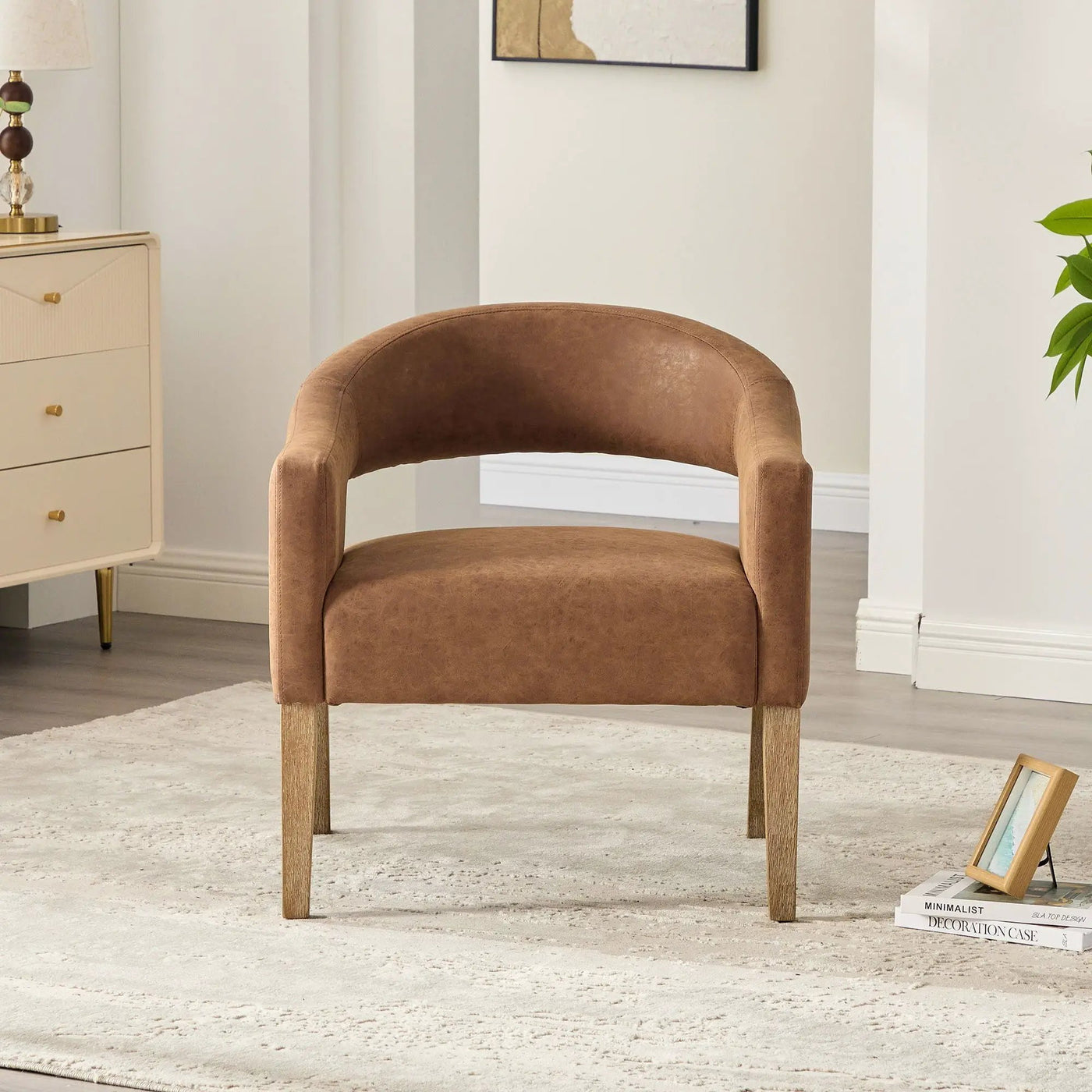Upholstered Open Back Armchair With Weathered Rubberwood Legs by Unique Piece Furniture