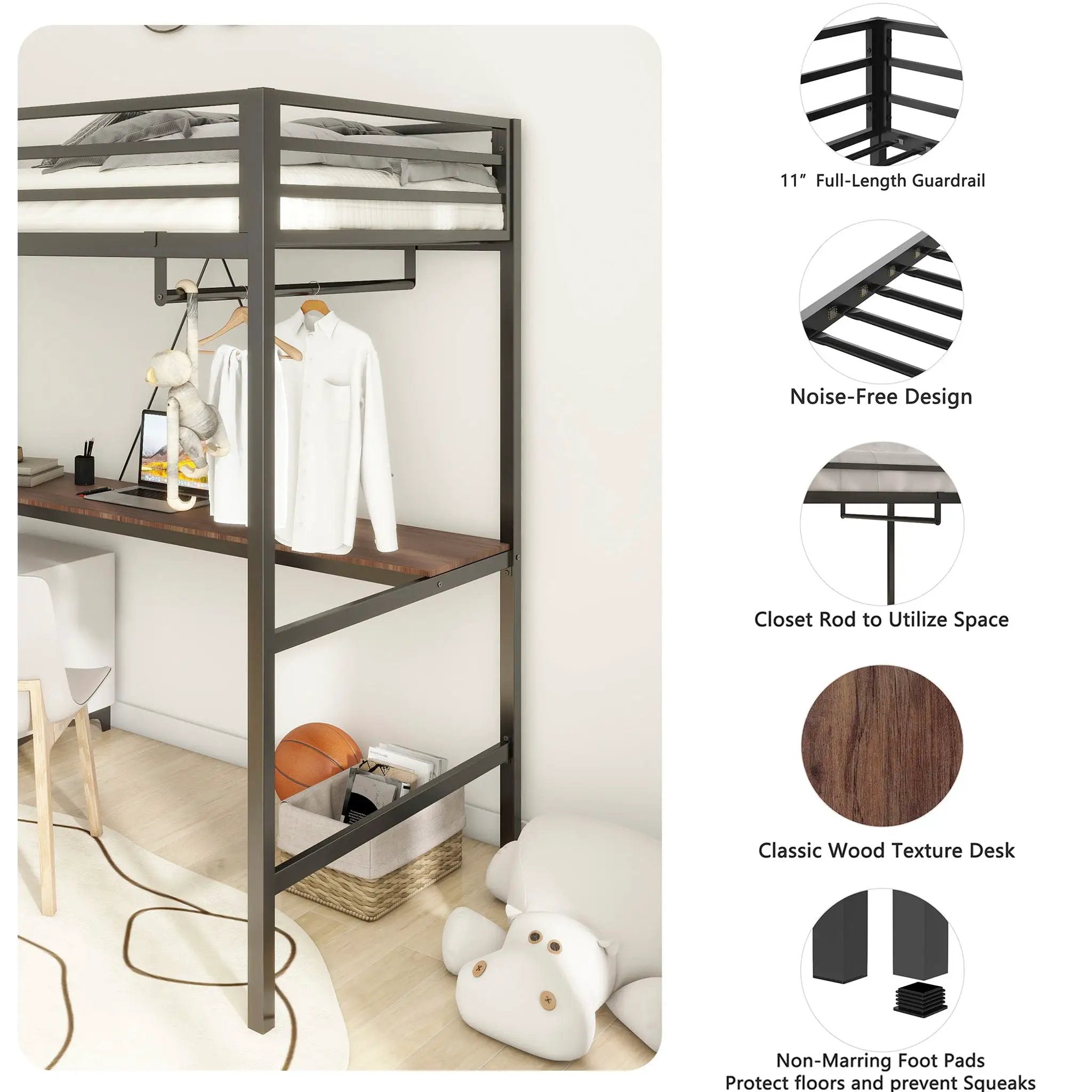 Adam - Twin Loft Bunk Bed With Cinnamon Wood Desk And Closet Rod - Black by HouseOfZazla