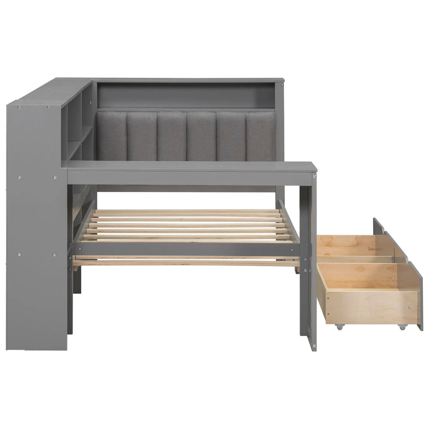 Platform Bed With Upholstered Headboard, Storage Shelves, Drawers, Charging Station, LED Lighting, Built In Desk by HouseOfZazla