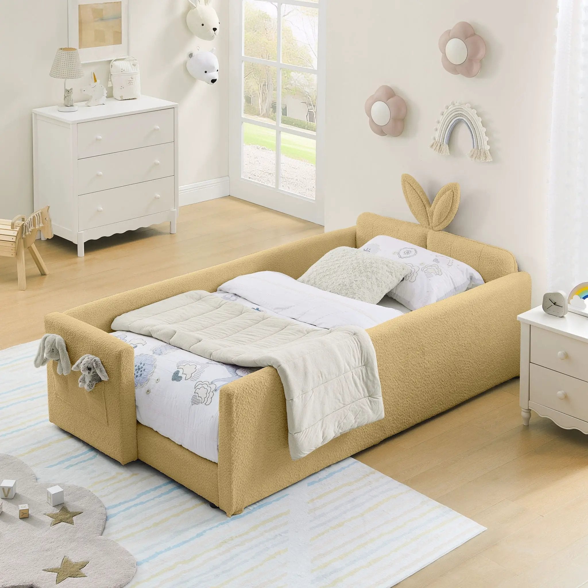 Cute Rabbit Ear Upholstered Platform Bed Frame With Safety Rail by Unique Piece Furniture