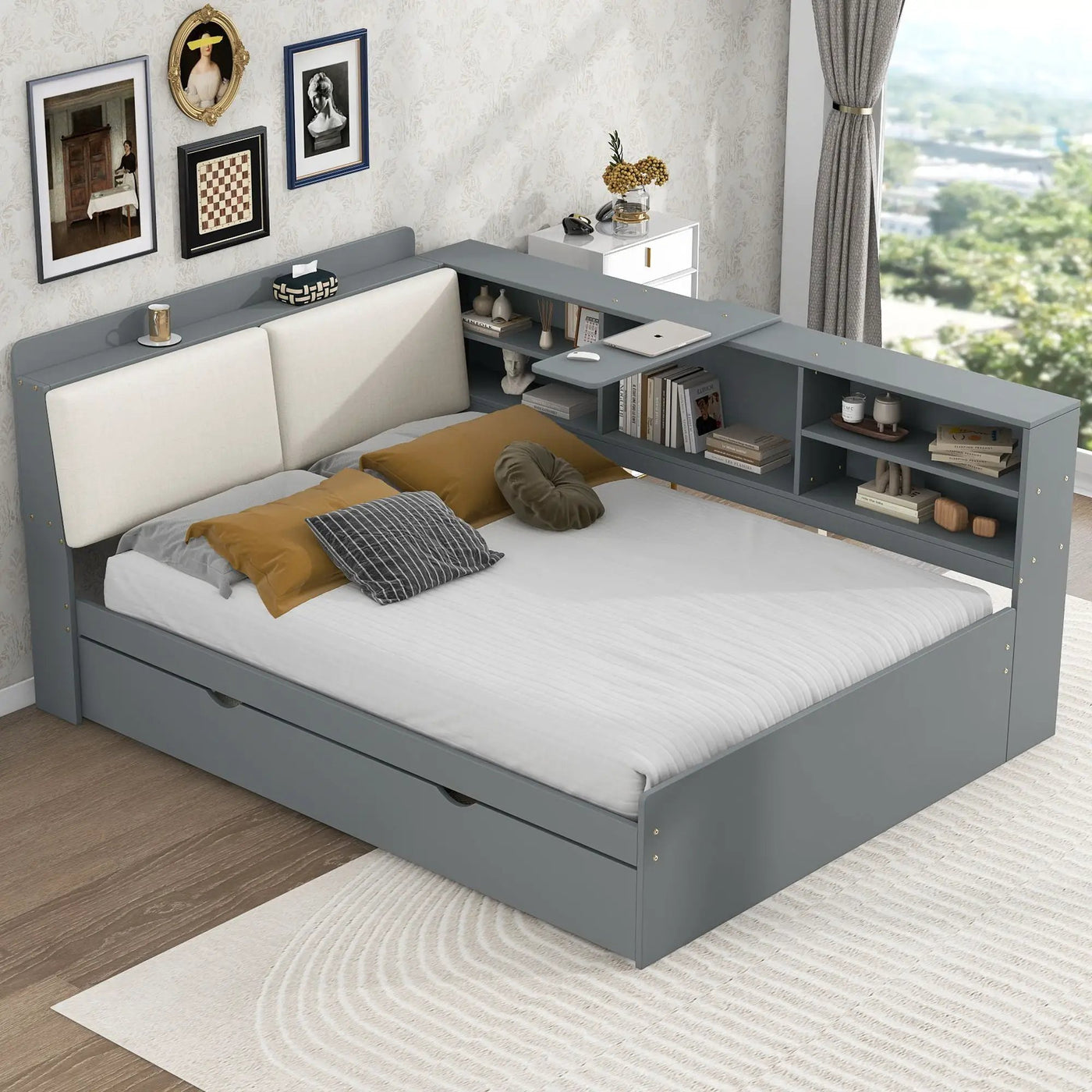 Platform Bed With Trundle, Shelves, And Storage Headboard by HouseOfZazla