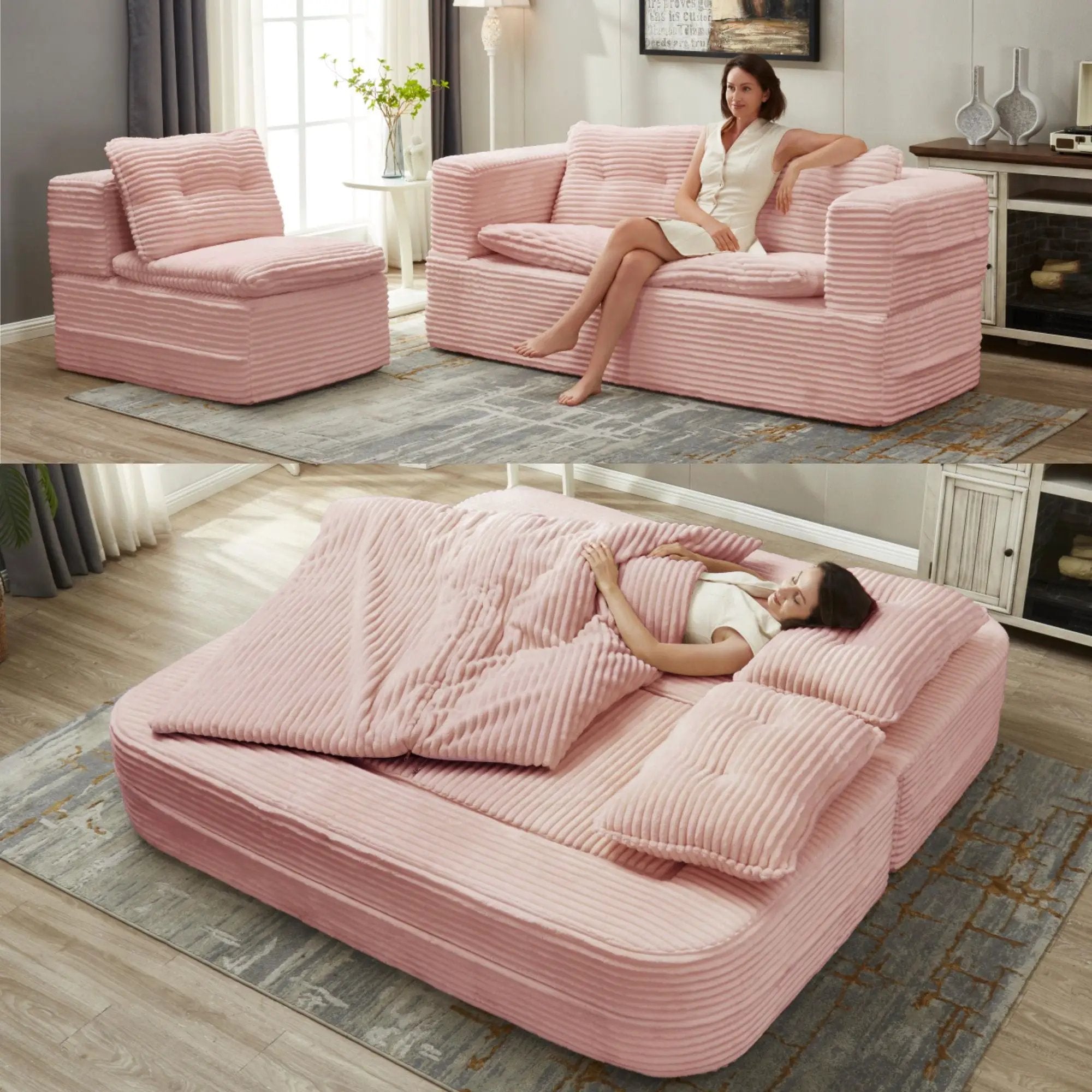 Multi Functional Sectional Sofa Bed With Independent Chaise Lounge And Functional Blanket, Convertible King Size Bed, Deep Seat - Baby Pink by HouseOfZazla