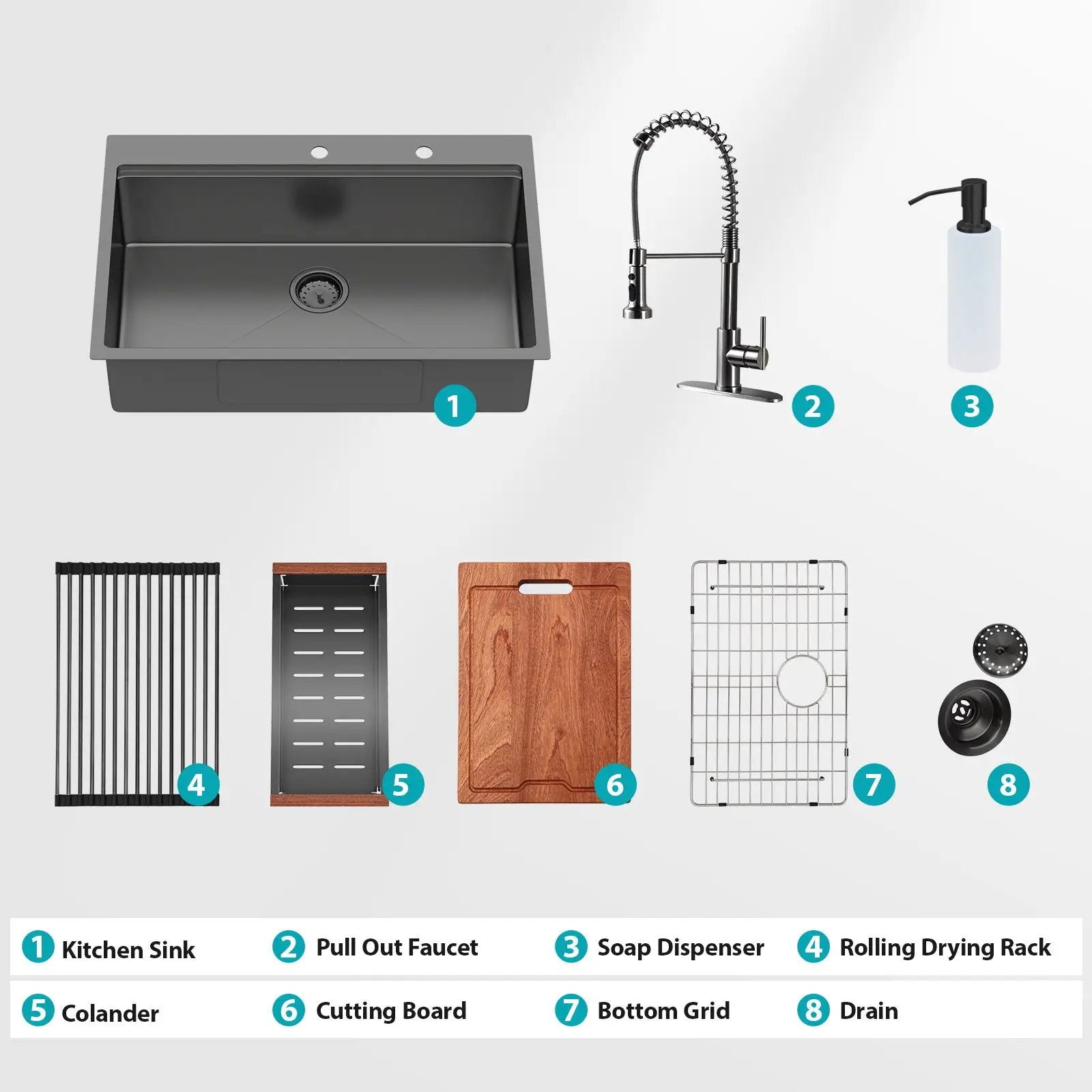 Drop In Workstation Sink Topmount Single Bowl With Pull Out Faucet And Soap Dispenser - Gunmetal Black by HouseOfZazla