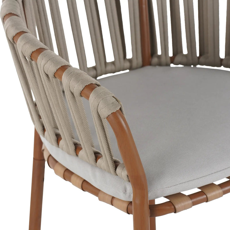 Lodi Outdoor Metal Rope Barstool, Teak Finished Frame and Beige Cushion, Set of 4 by HouseOfZazla