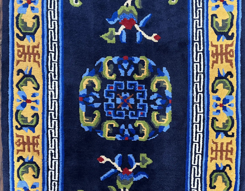 Chinese Art Deco Rug 3 x 5.9, Handmade Chinese Peking Carpet, Dark Blue and Gold, Medallion, Asian Oriental 3x6 Hand Knotted Vintage Rug by Jewel Rugs