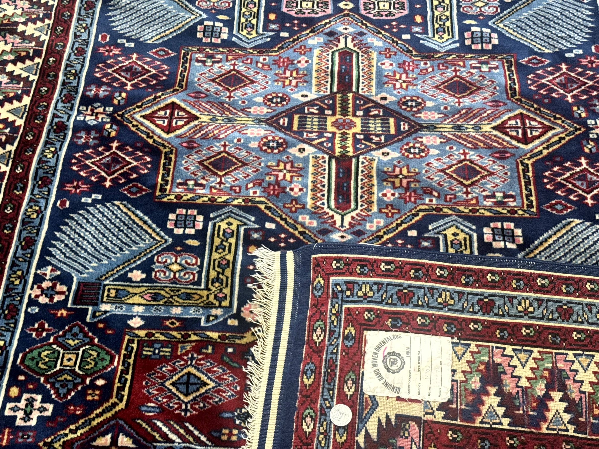 Indian Rug with Caucasian Design, 4x6 Geometric Carpet, Navy Blue and Cream by Jewel Rugs