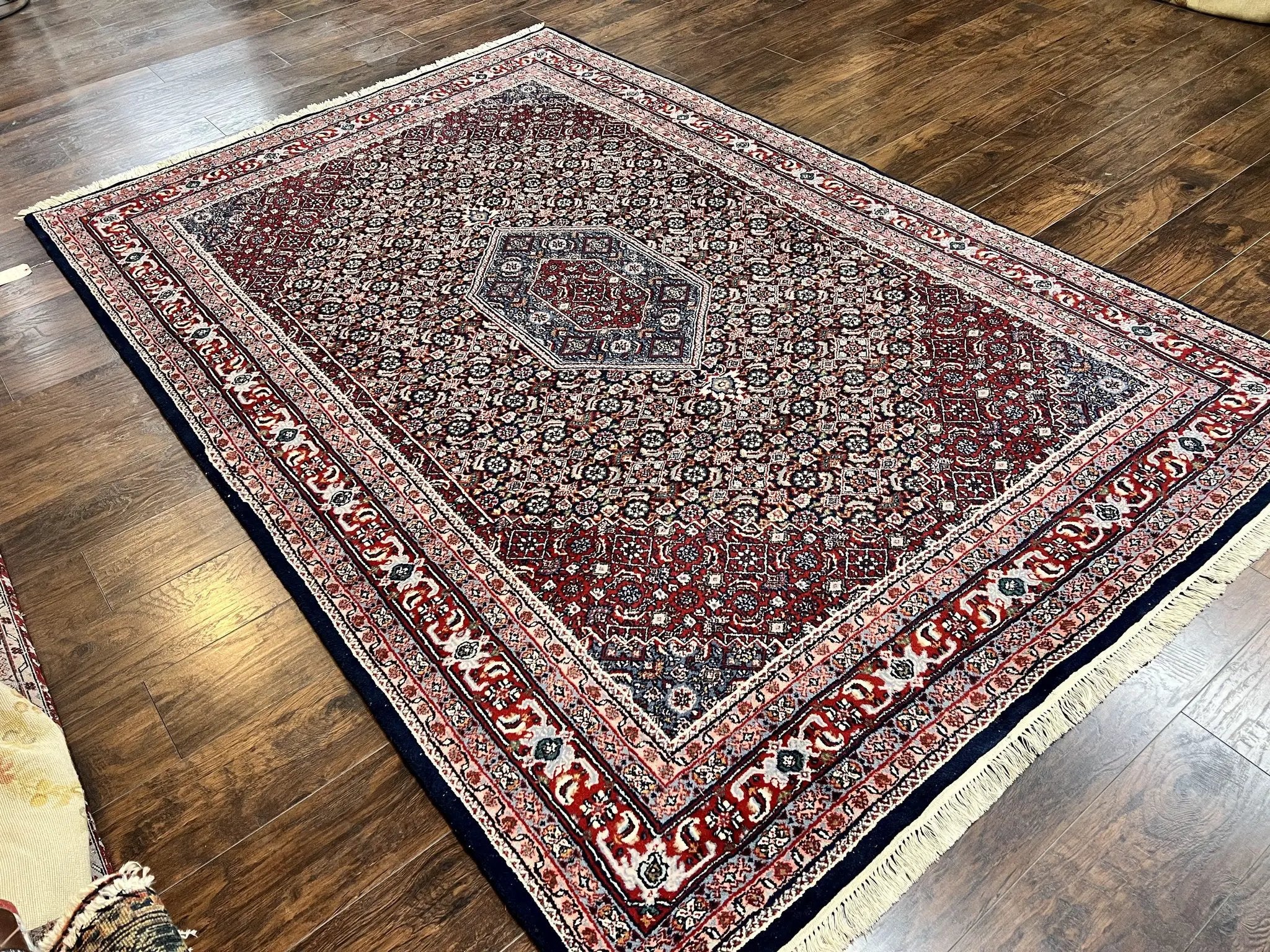 Indo Persian Rug 7x10, Dark Blue and Red Hand Knotted Wool Vintage Oriental Carpet 7 x 10 ft, Handmade Bidjar Rug, Herati Pattern Indian Rug by Jewel Rugs