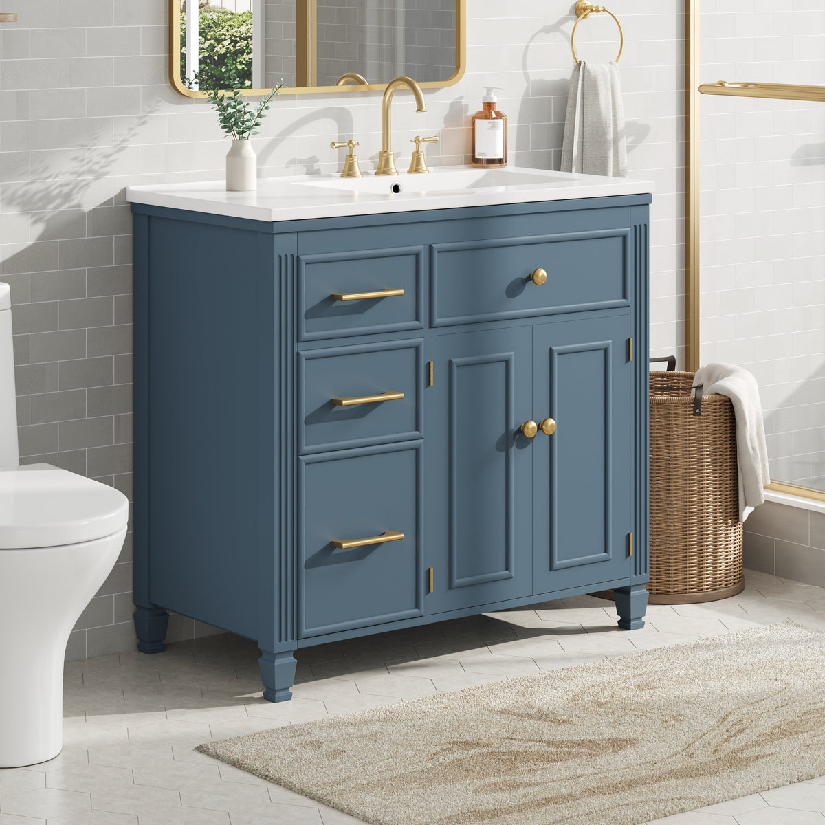 36" Bathroom Vanity with Ceramic Sink and Ample Storage - Blue Gray, Black, White, photo 7 of 10