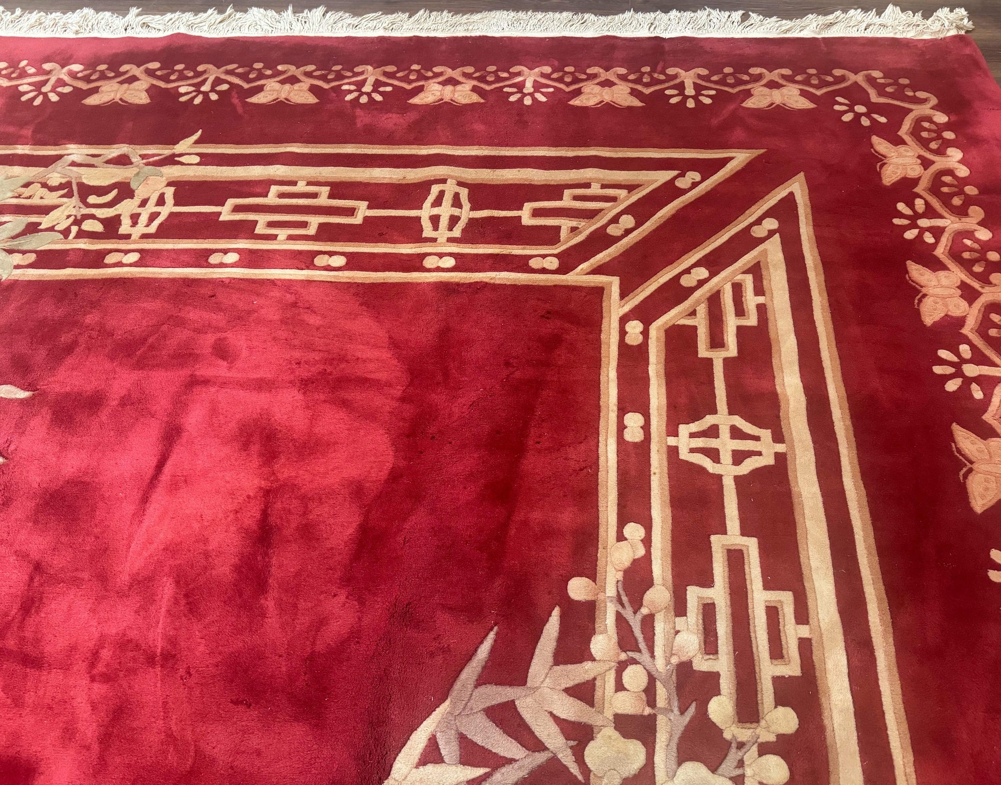 Palace Size Chinese Wool Rug 12x18, Red Art Deco Chinese Carving Carpet, Butterflies Flowers by Jewel Rugs
