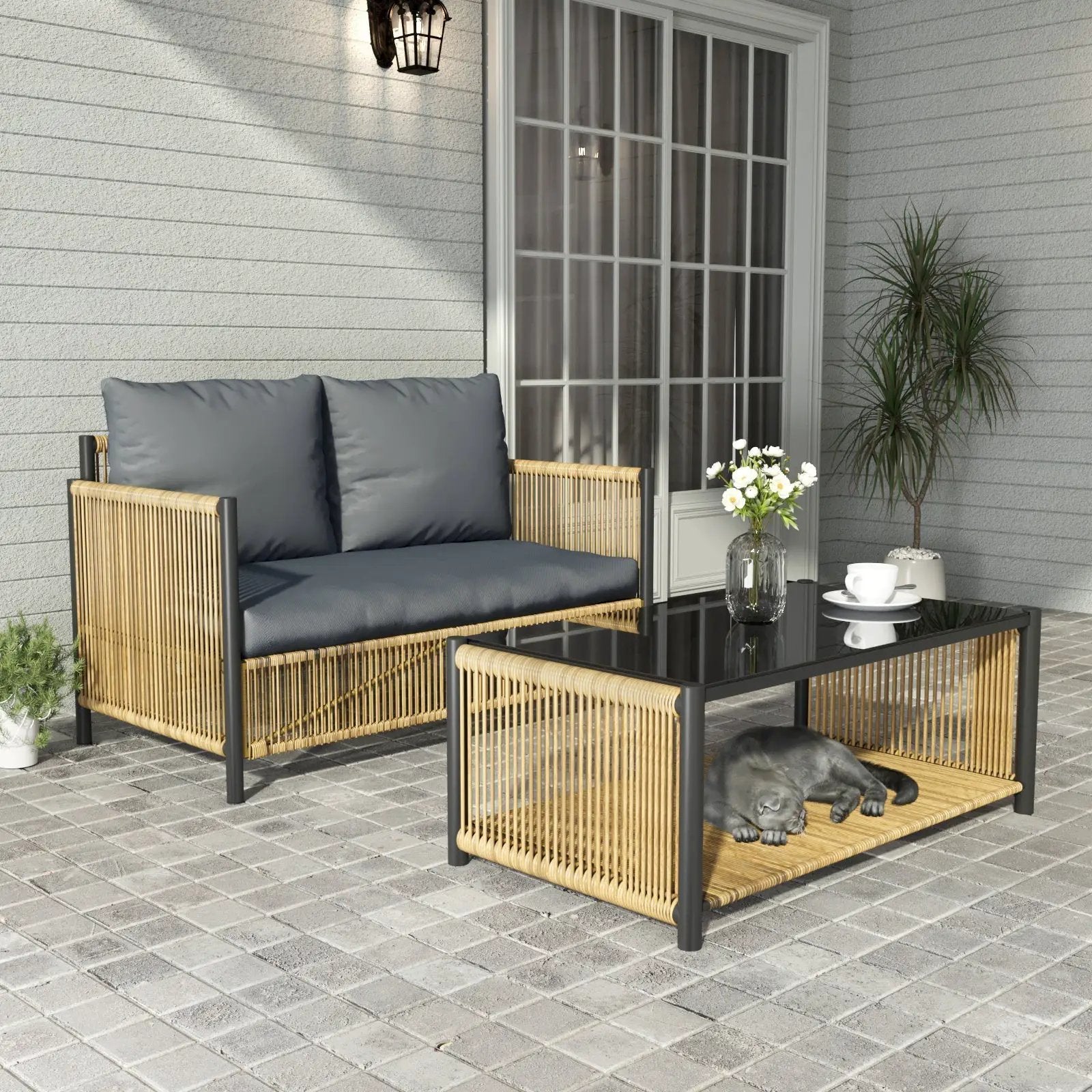 Outdoor PE Wicker 2-Seater Sofa Set with Grey Cushions and Table by HouseOfZazla
