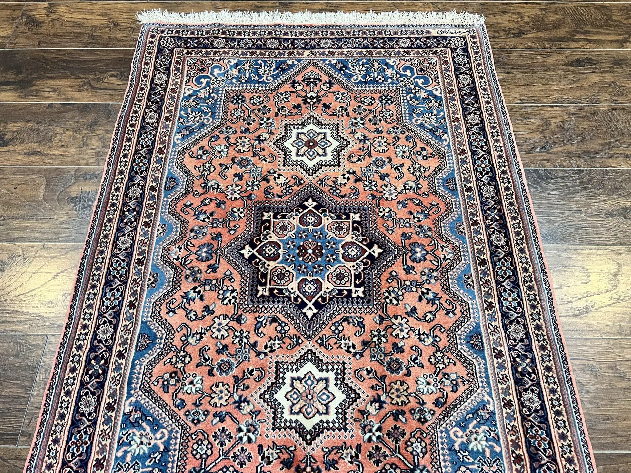Persian Shiraz Rug 3x5, Geometric Tribal Rug, Wool Hand Knotted Vintage Carpet, Light Red & Blue, Signed by Masterweaver by Jewel Rugs