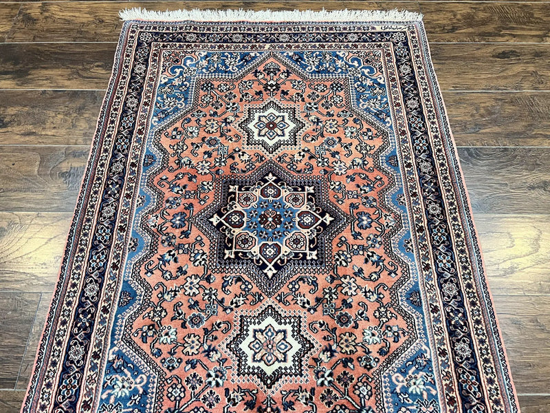 Persian Shiraz Rug 3x5, Geometric Tribal Rug, Wool Hand Knotted Vintage Carpet, Light Red & Blue, Signed by Masterweaver by Jewel Rugs
