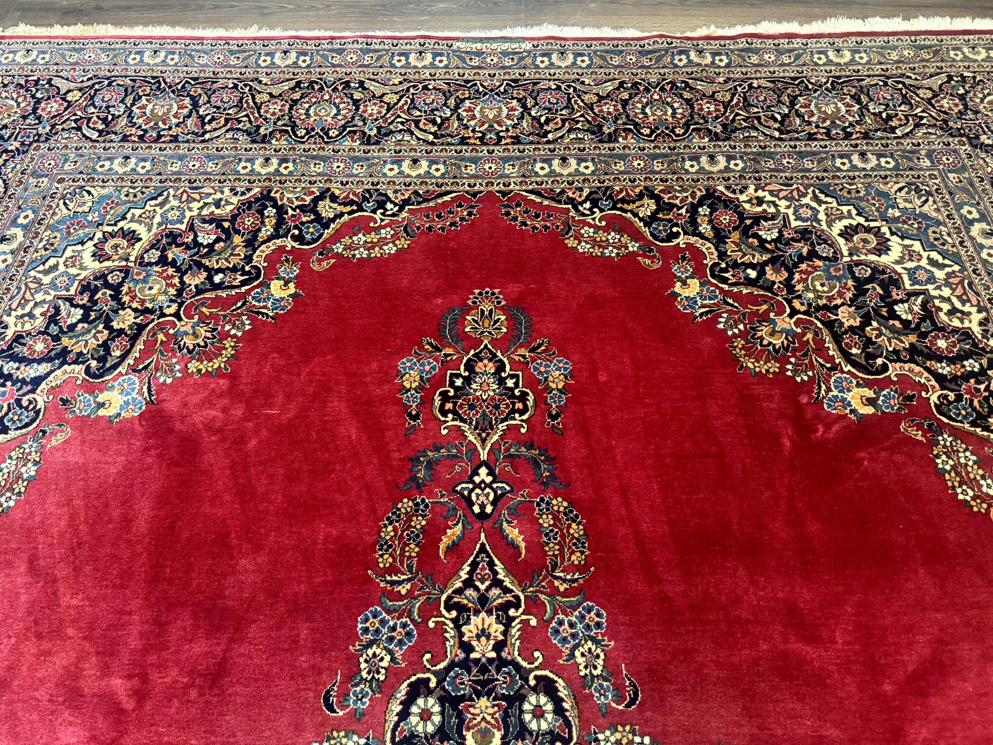 Persian Kashan Rug 9x12, Traditional, Semi Open Field, Red, Signed By Master Weaver, Antique Rug by Jewel Rugs