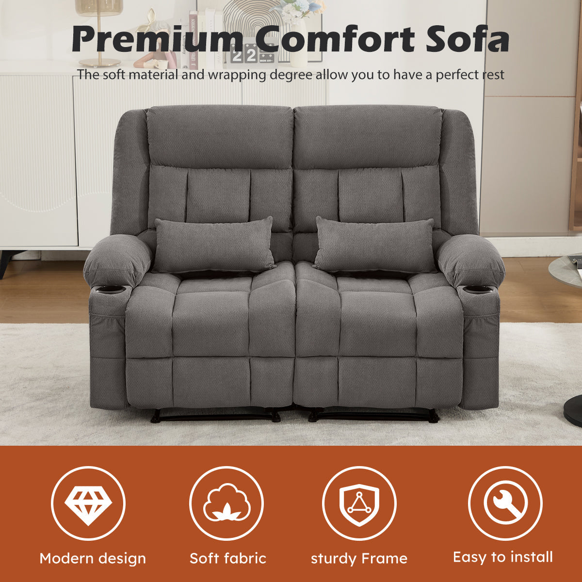 Manual Oversized Recliner Loveseat with Cup Holders - Grey or Blue, photo 5 of 10