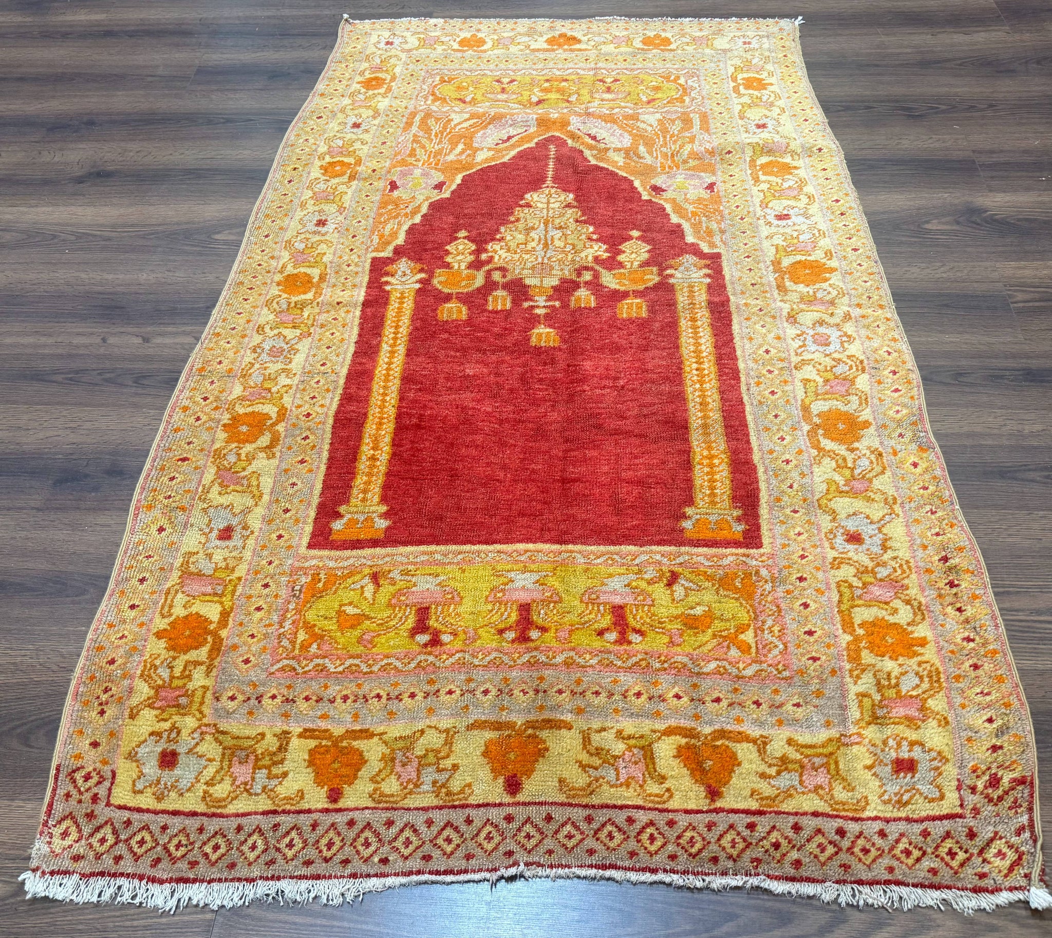 Antique Turkish Prayer Rug 4x6, Red and Golden Mustard, Mihrab Design, Anatolian Carpet by Jewel Rugs
