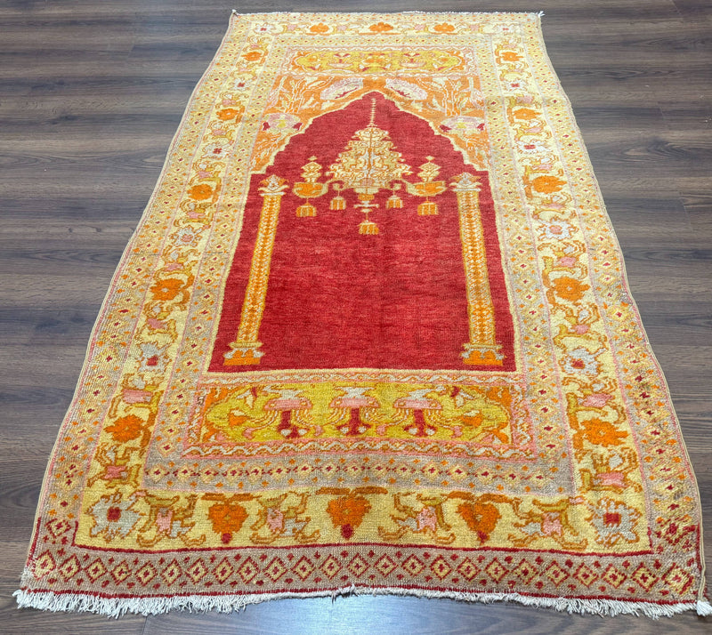 Antique Turkish Prayer Rug 4x6, Red and Golden Mustard, Mihrab Design, Anatolian Carpet by Jewel Rugs