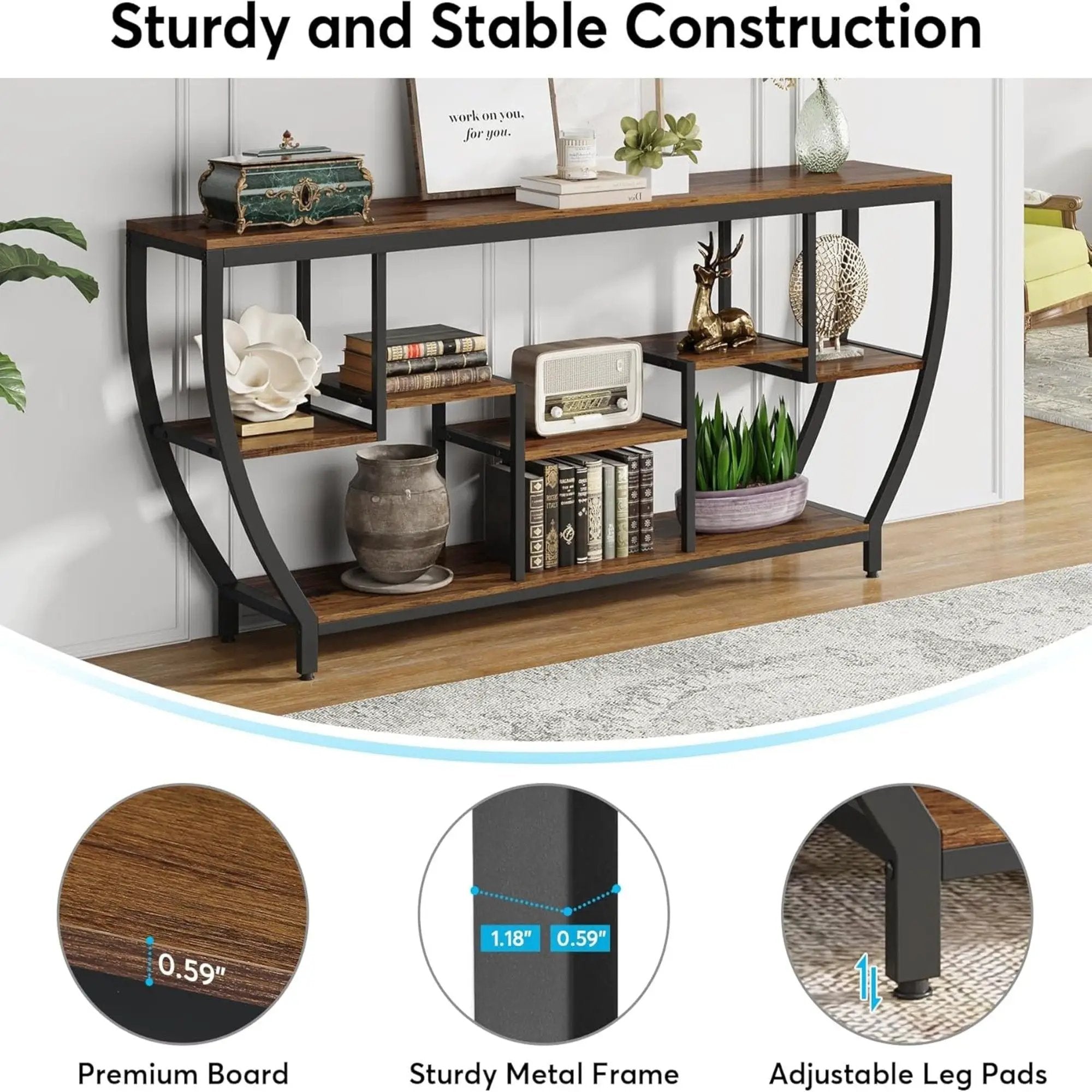 Extra Long Entryway Console Sofa Table With 7 Tier Shelves - Brown / Black by HouseOfZazla