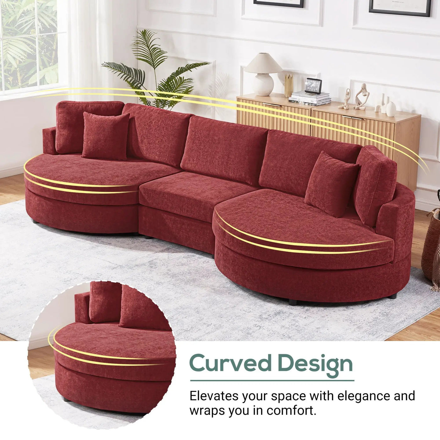 Modern 3 Seater Upholstered Sofa With Curved Design by HouseOfZazla