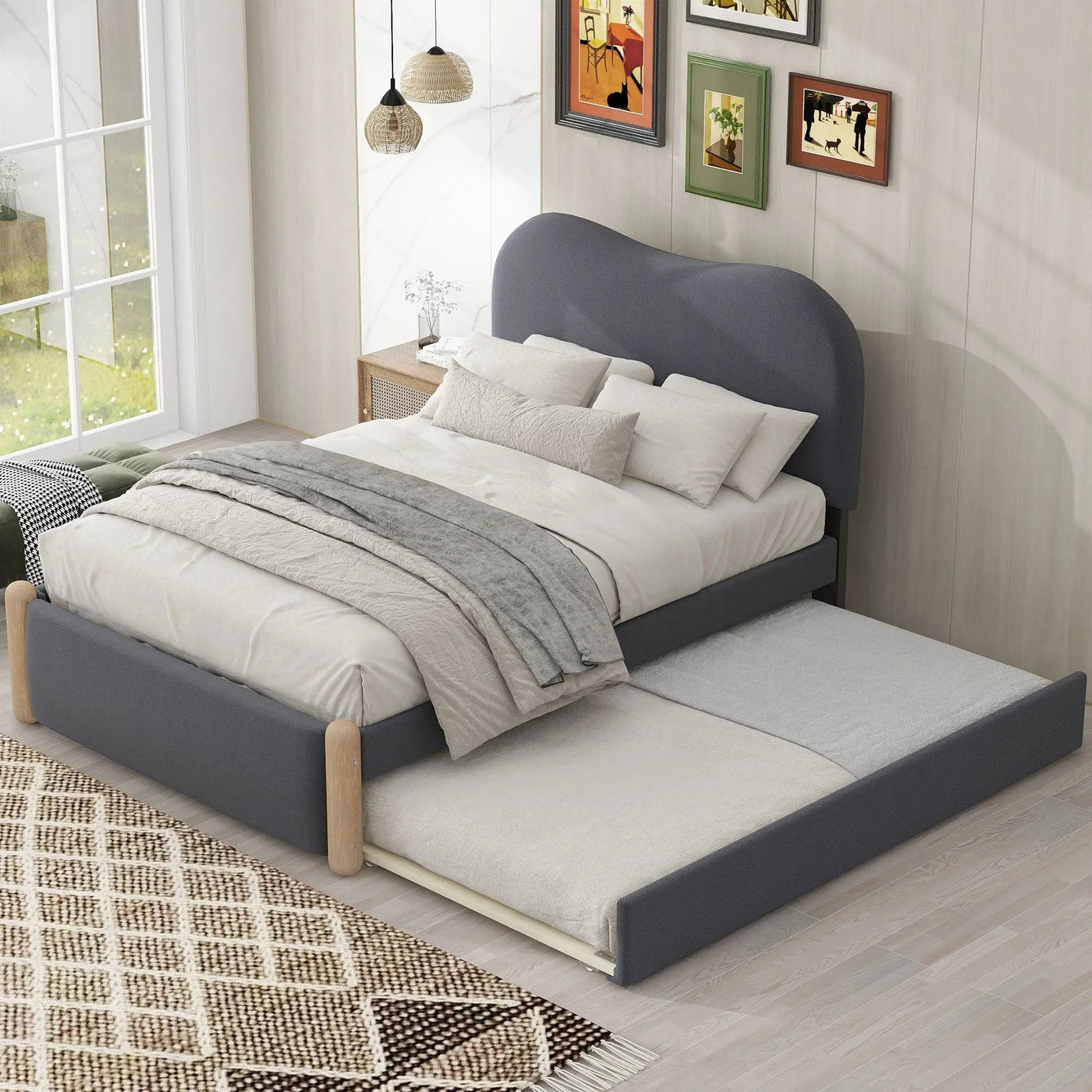 Upholstered Platform Bed With Wood Supporting Feet And Trundle by Unique Piece Furniture