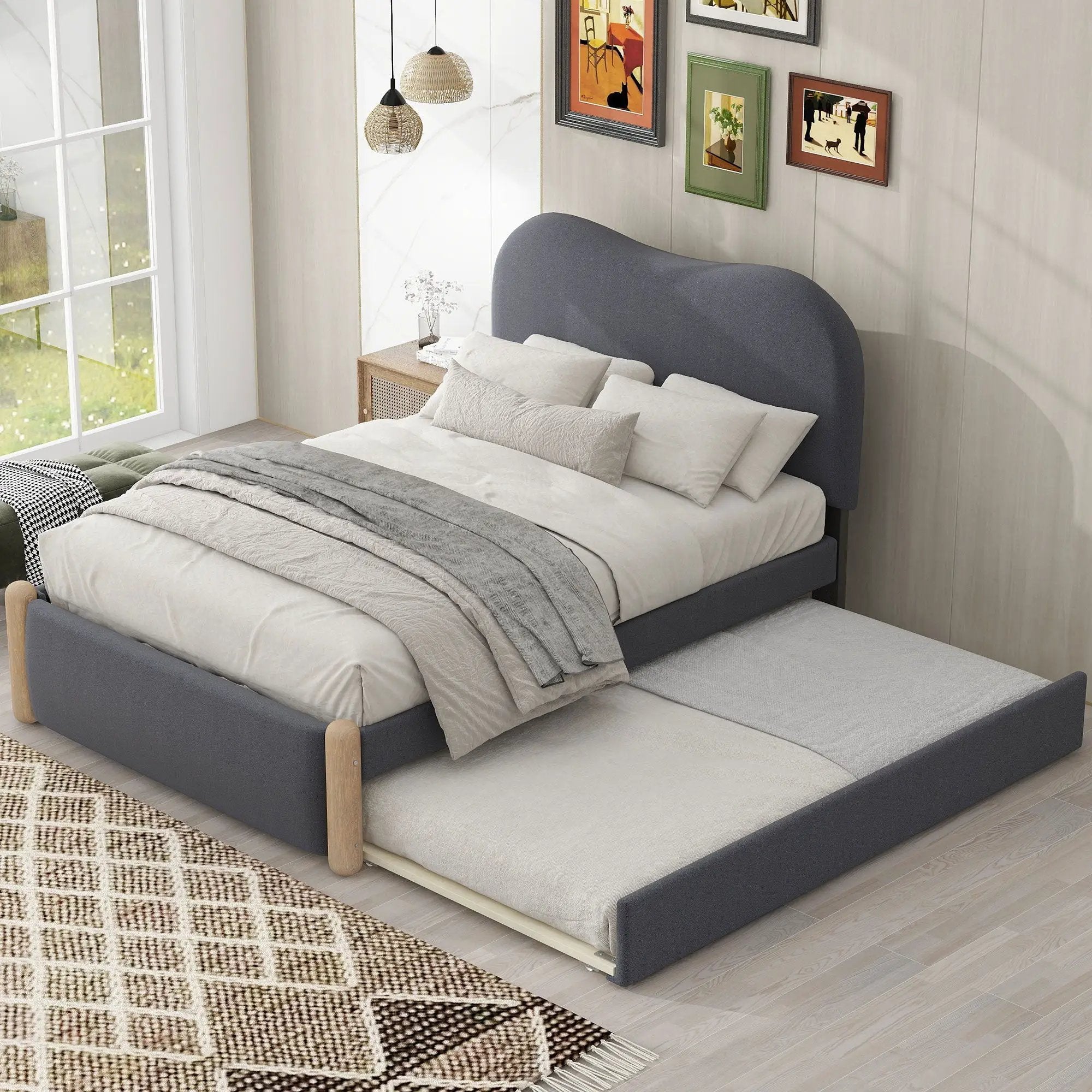 Upholstered Platform Bed With Wood Supporting Feet And Trundle by HouseOfZazla