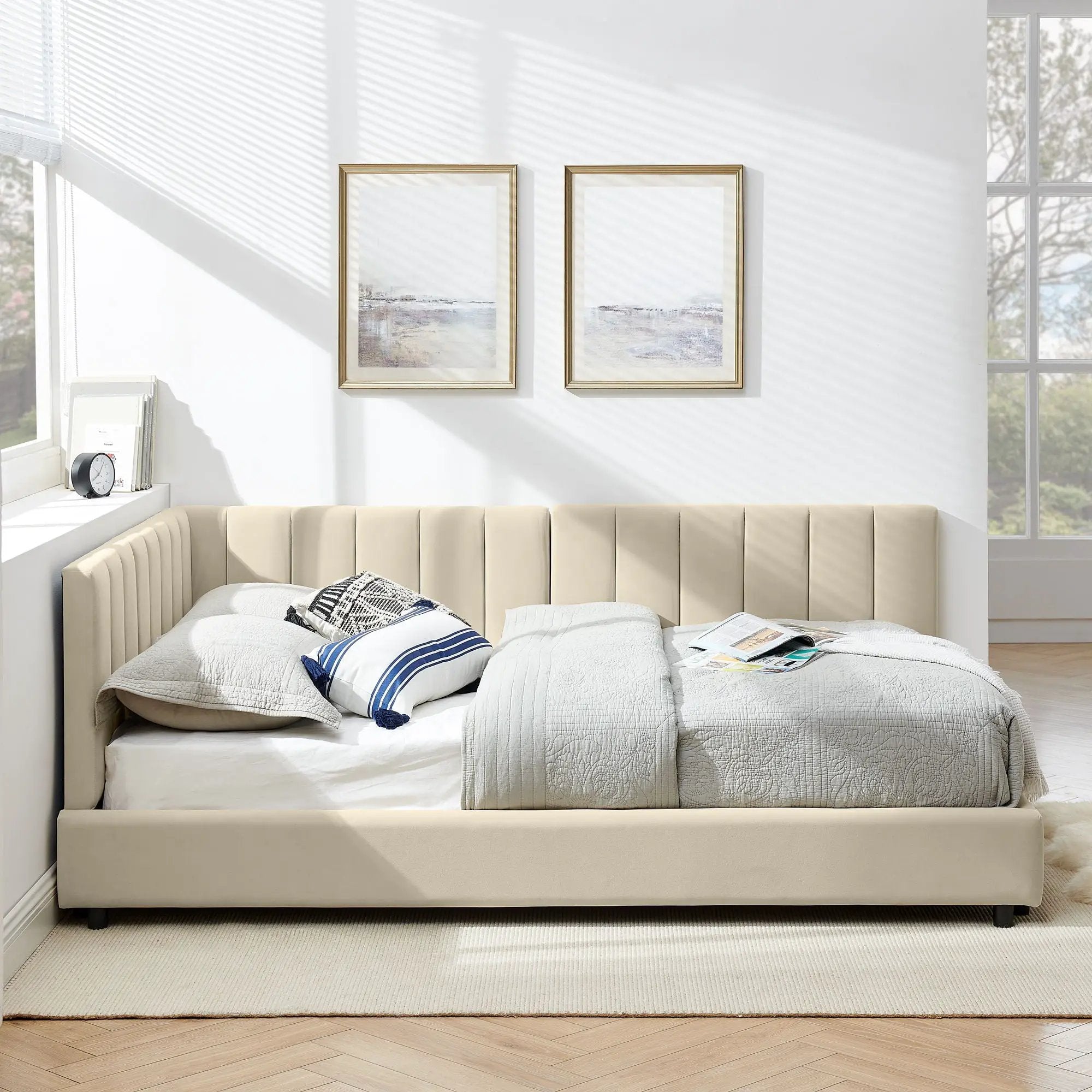Mid-Century Upholstered Tufted Bed Frame With Backrest And Armrests by Unique Piece Furniture