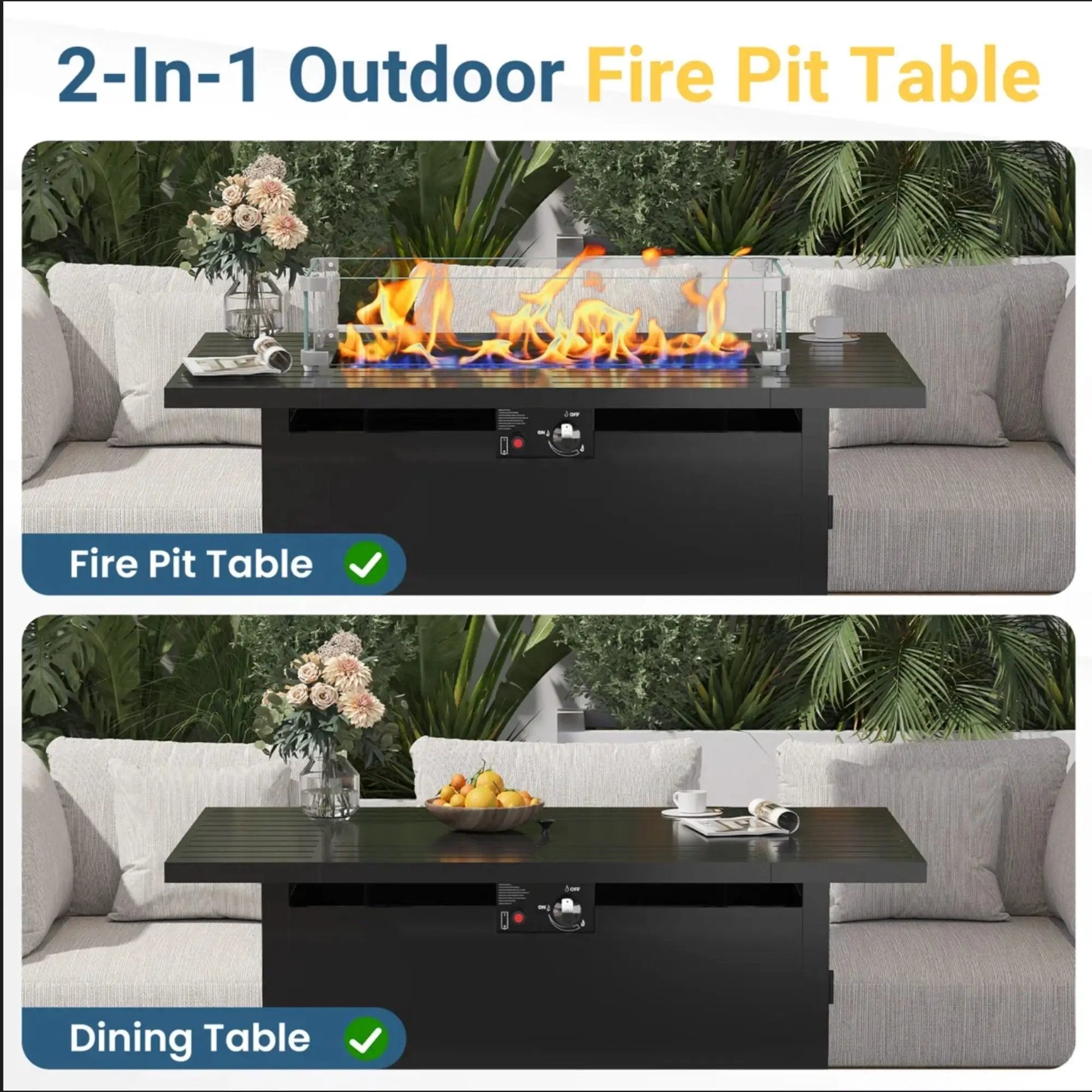 Outdoor 2 In 1 Gas Fire Pit Table With Lid & Glass Shield, Stainless Burner, Lava Rock, Rectangular Design - Black by HouseOfZazla