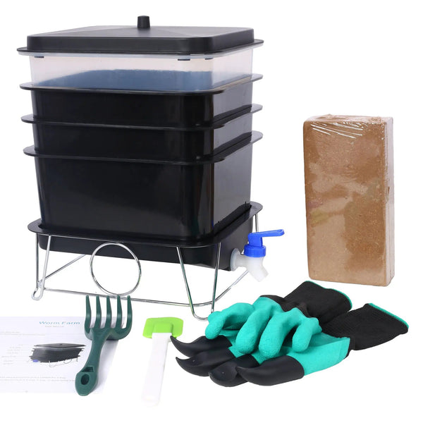 Durable Worm Farm Composting Bin With 4 Tray System For Food Waste Recycling Plastic - Black