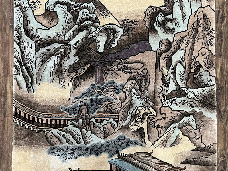 Silk Chinese Wall Hanging Rug 3x6 ft Tapestry, Pagoda Scene, Pictorial, High Quality Fine Hand Knotted Vintage, Asian Oriental Handmade Nice by Jewel Rugs