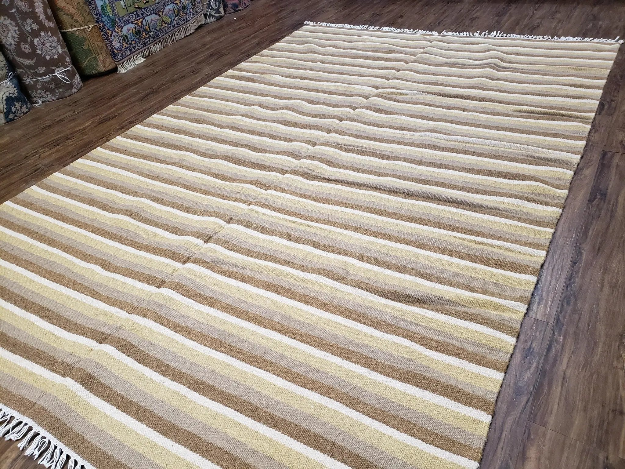 Indian Striped Blanket 6x9, Large Indo Kilim Area Rug, Earthern Tones Woolen Hand-Woven Flatweave South American Style Queen Size Bedspread by Jewel Rugs
