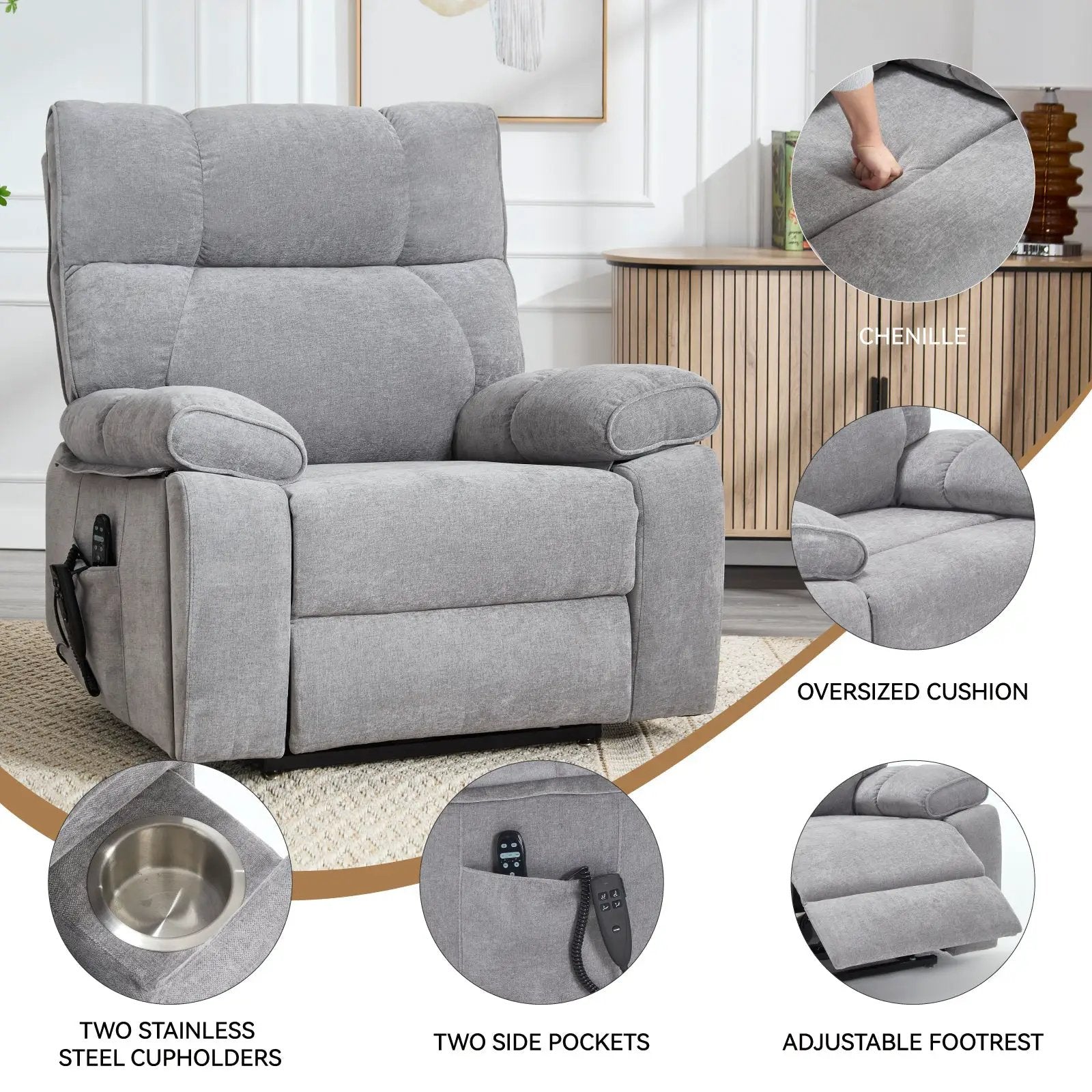 Grey Heat Massage Dual Motor Electric Power Lift Recliner by HouseOfZazla