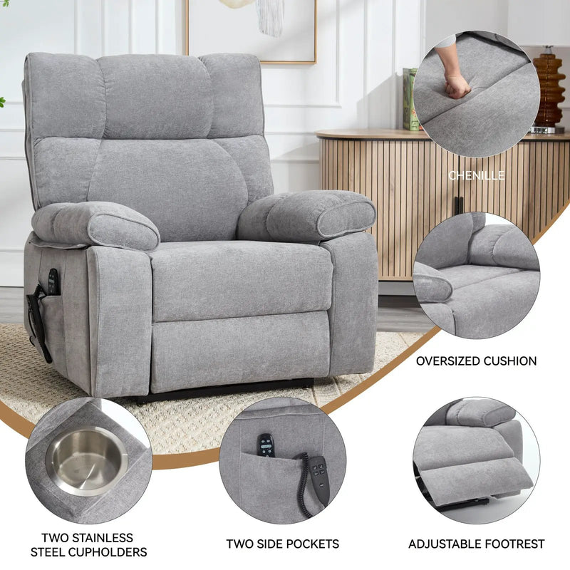 Grey Heat Massage Dual Motor Electric Power Lift Recliner by HouseOfZazla