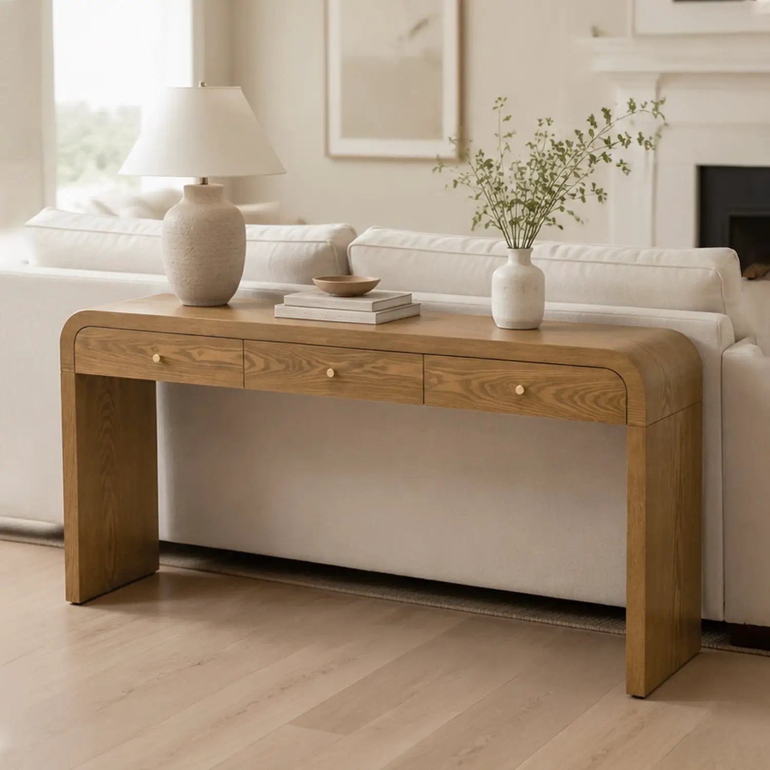 Walnut Curved Design 3-Drawer Long Console Table by HouseOfZazla