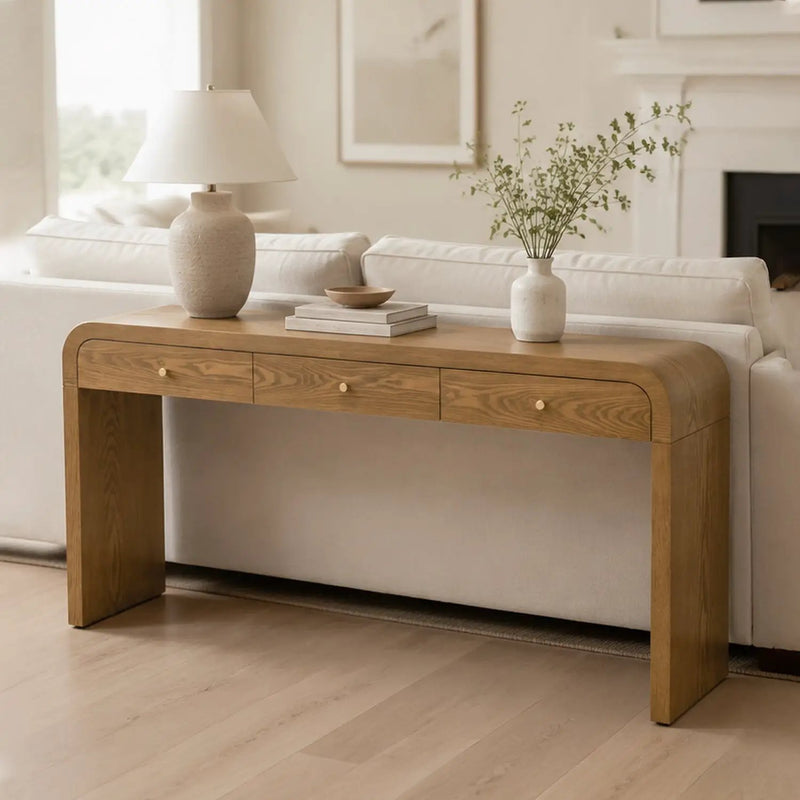 Walnut Curved Design 3-Drawer Long Console Table by HouseOfZazla