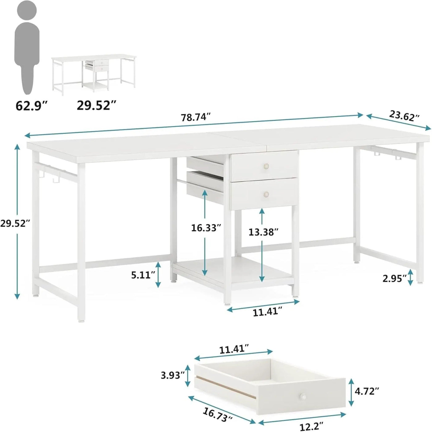 2 Person Computer Desk With Drawers And Shelves, Extra Long Double Workstation by HouseOfZazla