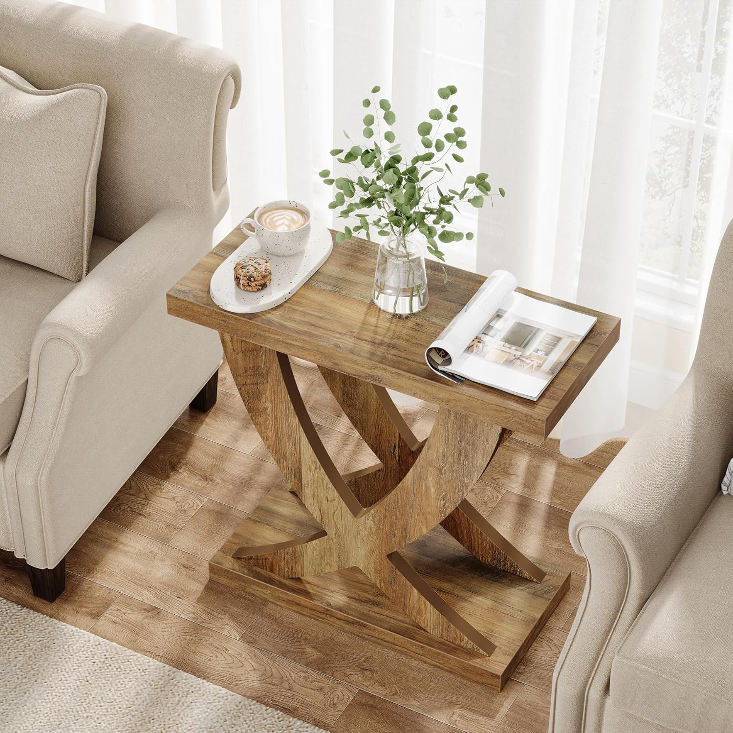 End Table With Cross Fishtail Support For Living Room - Brown