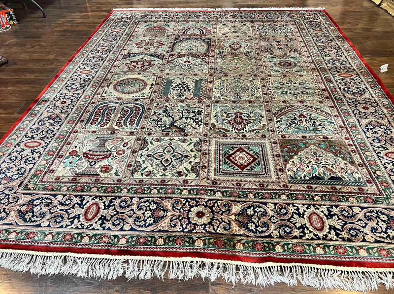 Silk Sino Persian Rug 9x12, Panel Design, Garden of Eden Pattern, Fine 200 KPSI, Hand Knotted Room Sized Silk Carpet, Vintage by Jewel Rugs