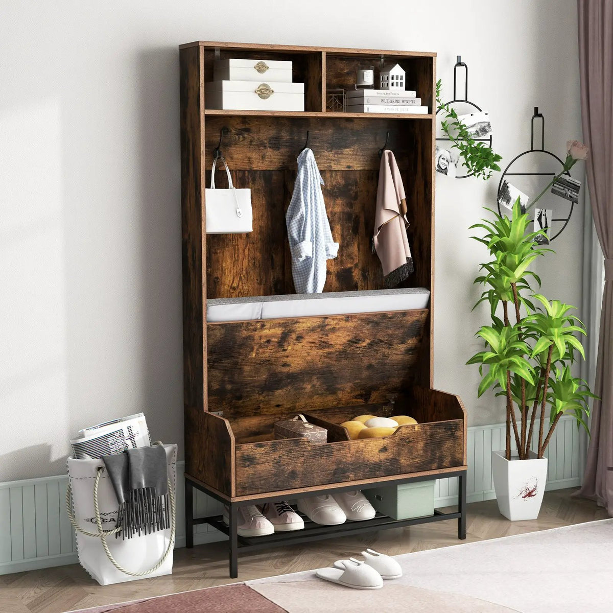 69 Inches Tall Hall Tree 4-in-1 Coat Rack with Seat Cushion and Shoe Storage by DirectDeals