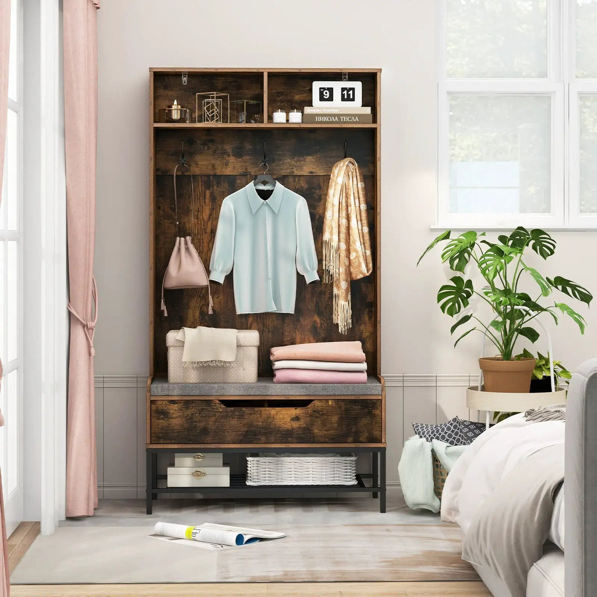 69 Inches Tall Hall Tree 4-in-1 Coat Rack with Seat Cushion and Shoe Storage by DirectDeals