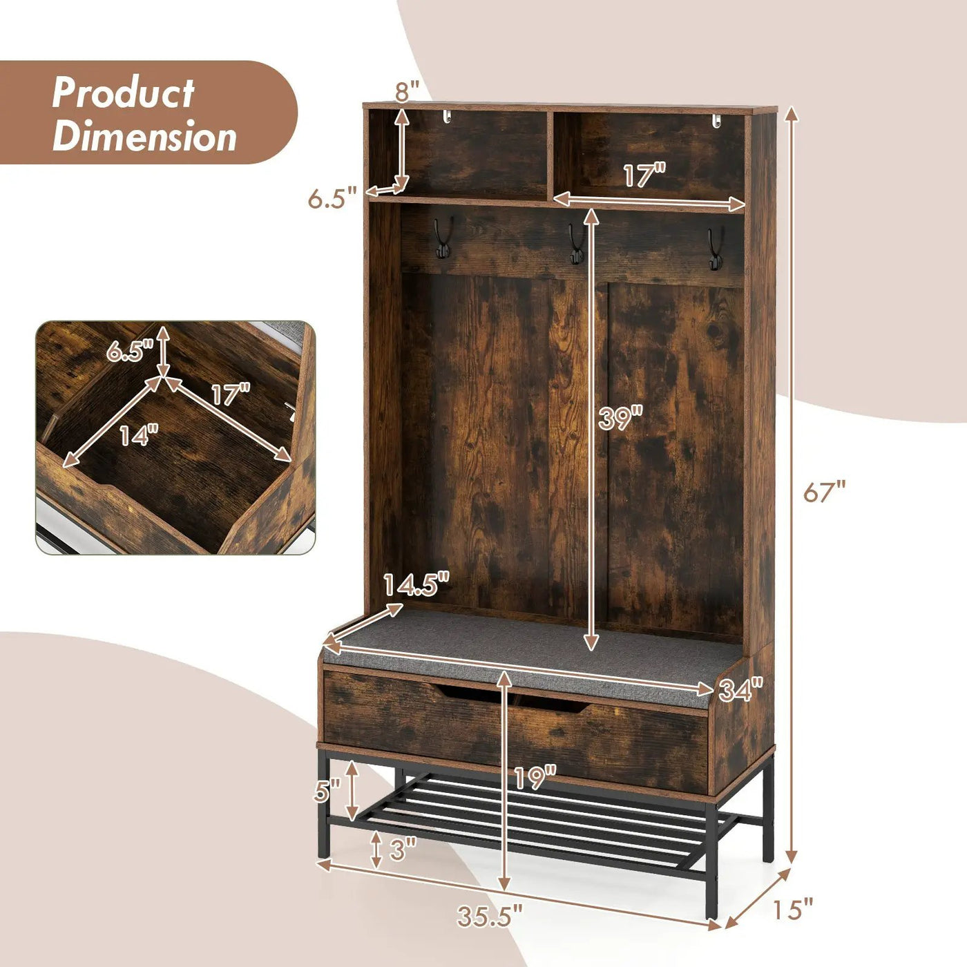 69 Inches Tall Hall Tree 4-in-1 Coat Rack with Seat Cushion and Shoe Storage by DirectDeals