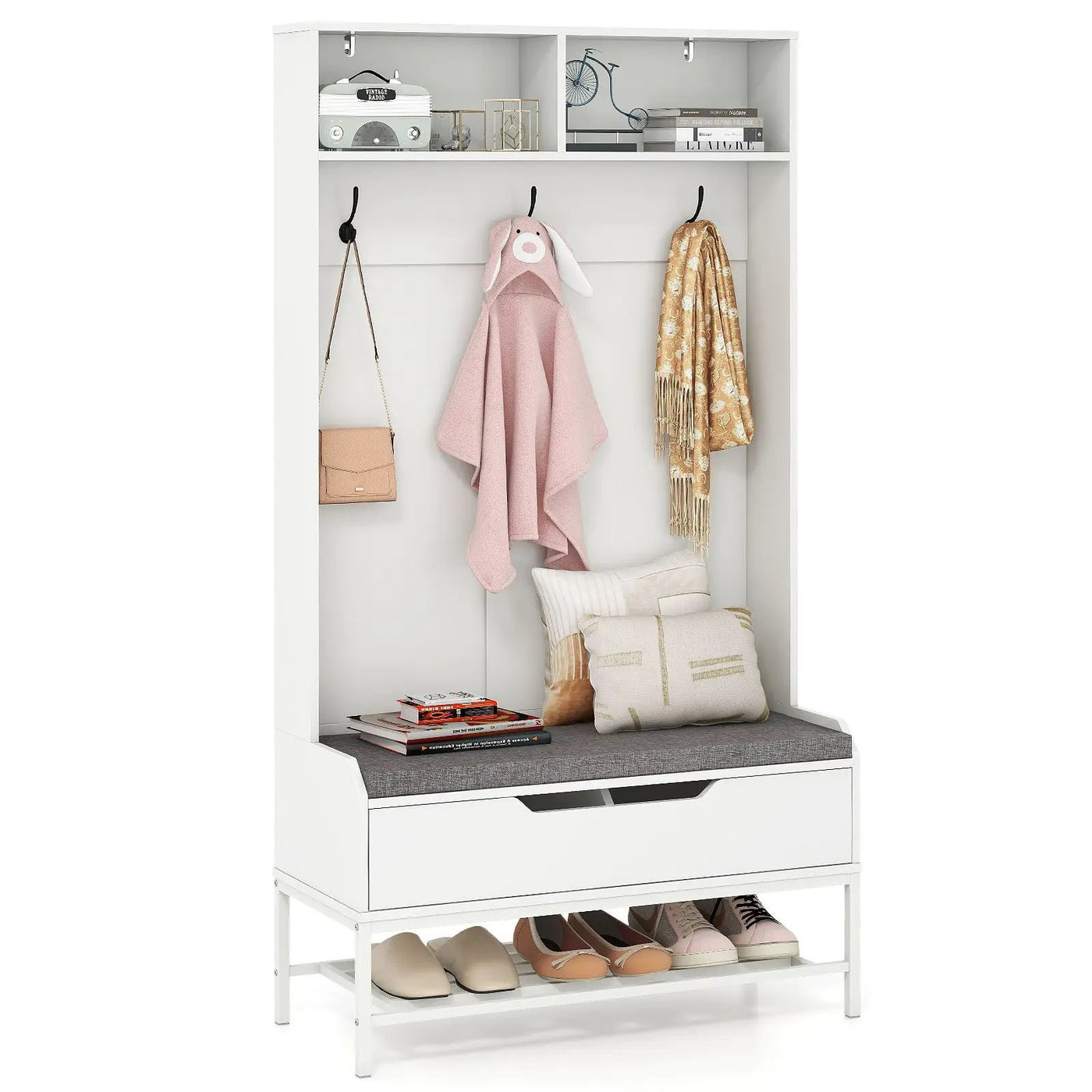 69 Inches Tall Hall Tree 4-in-1 Coat Rack with Seat Cushion and Shoe Storage by DirectDeals