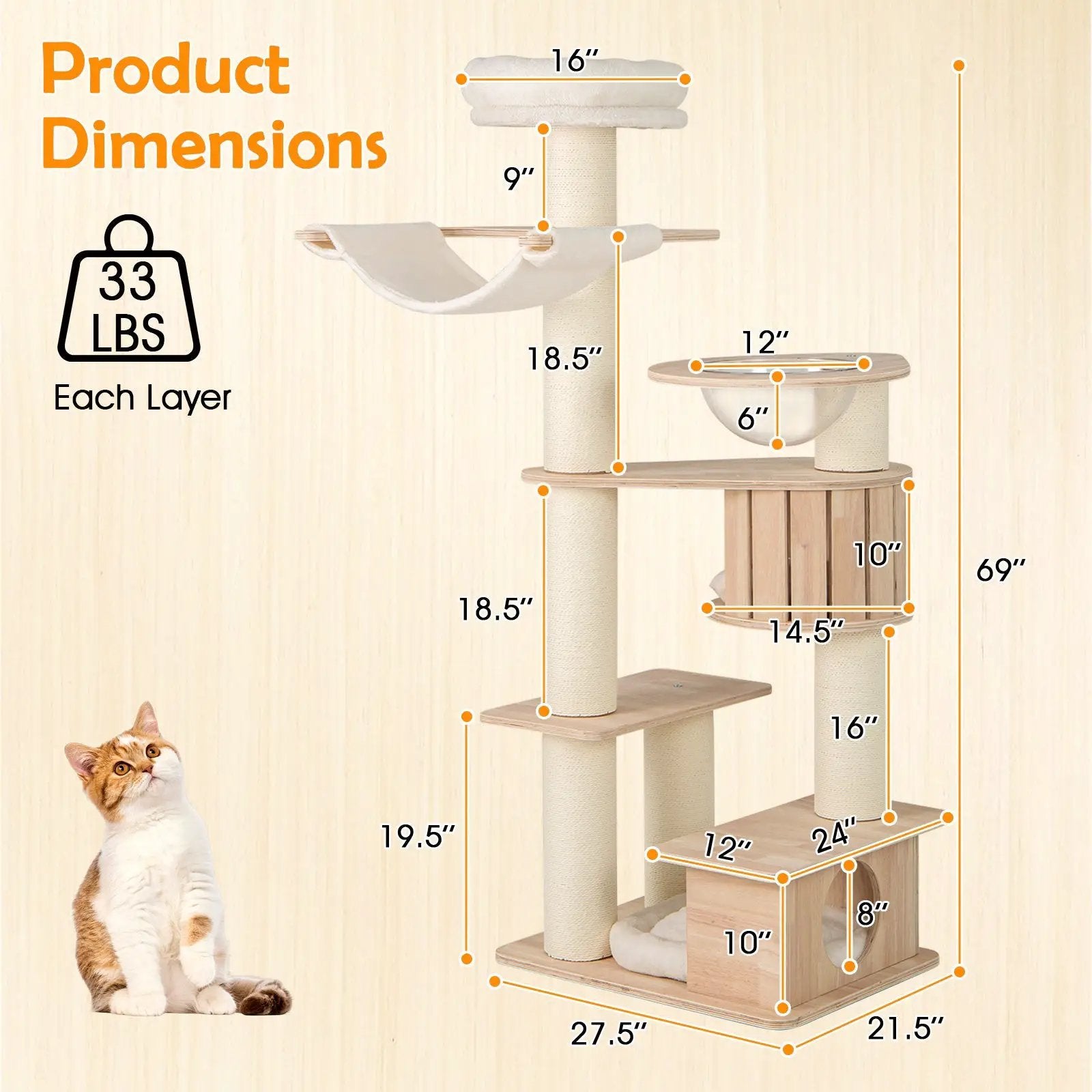 69 Inches Tall Cat Tree with Cozy Top Perch and Washable Plush Cushions by DirectDeals