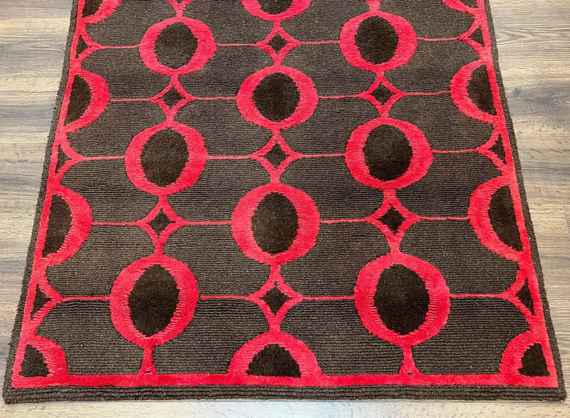 Modern Tibetan Rug 3.8 x 5.7, Raspberry Red and Dark Brown, Abstract Circle Design, Hand Knotted, Soft Wool Handmade Tibet Nepali Carpet 4x6 by Jewel Rugs