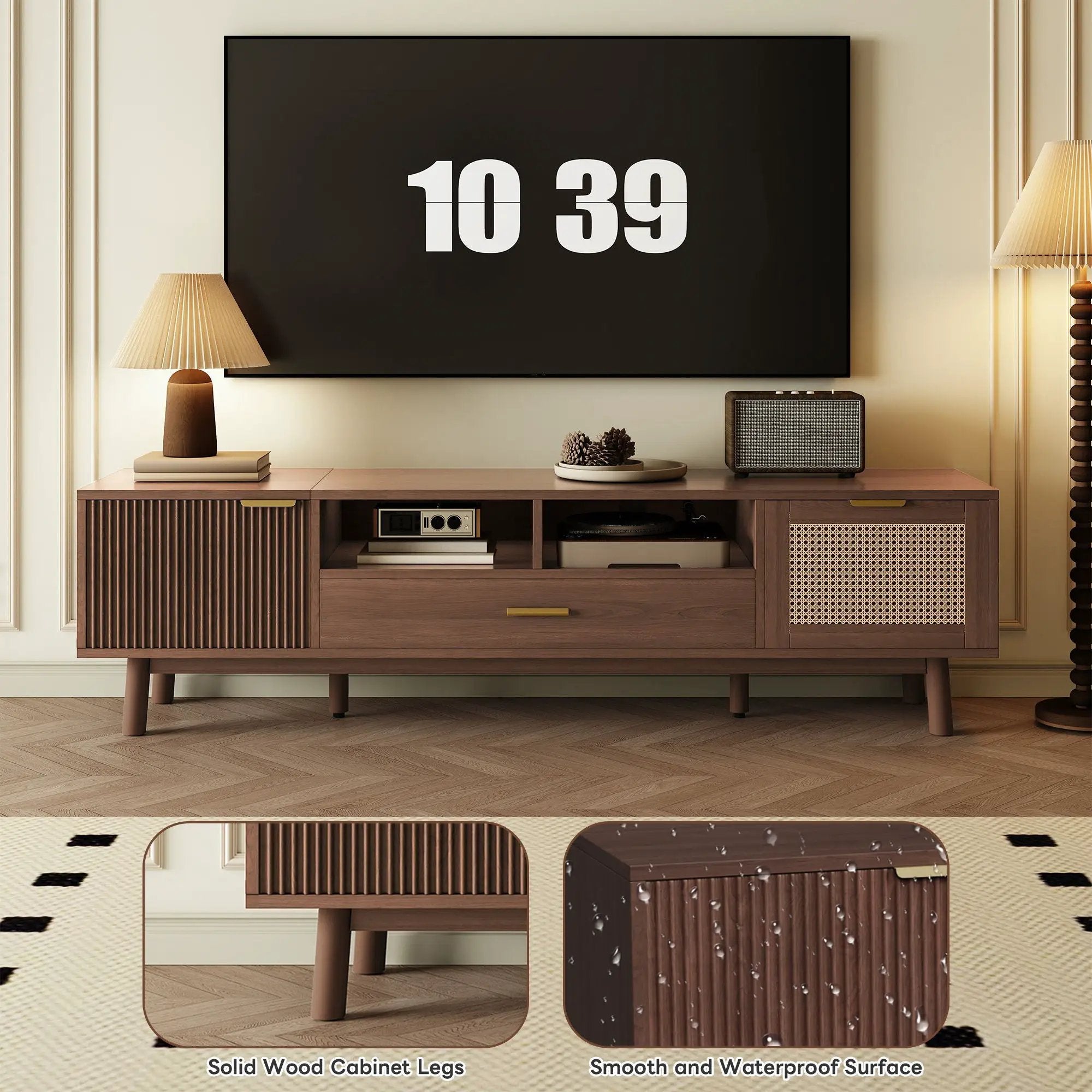 TV Stand For 75" TVs With Soft Closing Doors, Console With Accents And Drop Down Cabinet - Dark Brown by Unique Piece Furniture