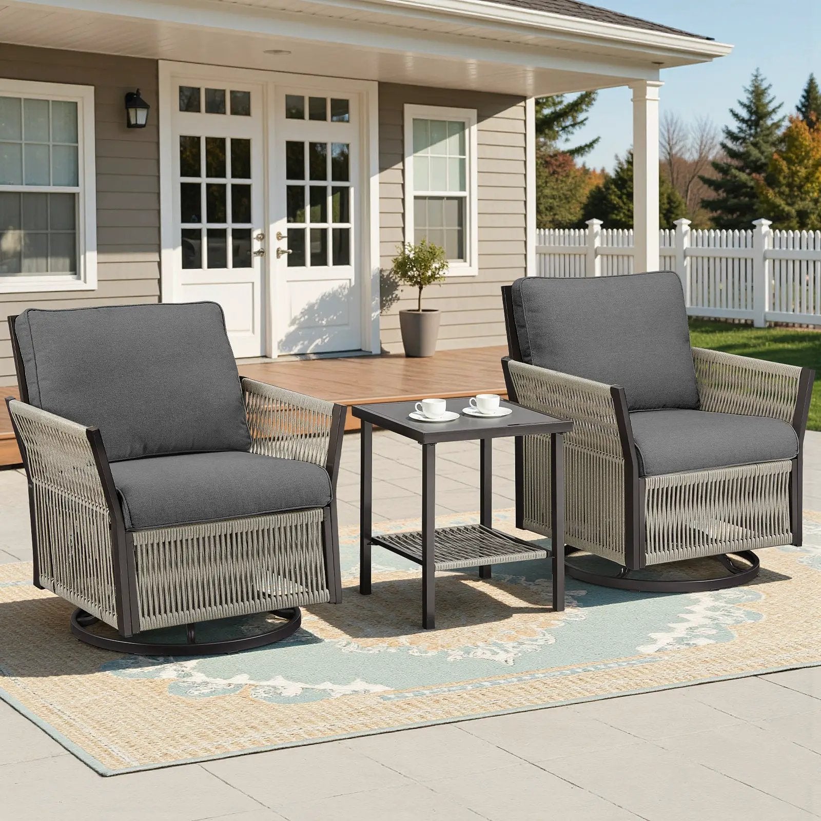 Swivel Outdoor Chairs Set of 2 with Side Table, 3 Pieces Wicker Furniture Set by HouseOfZazla