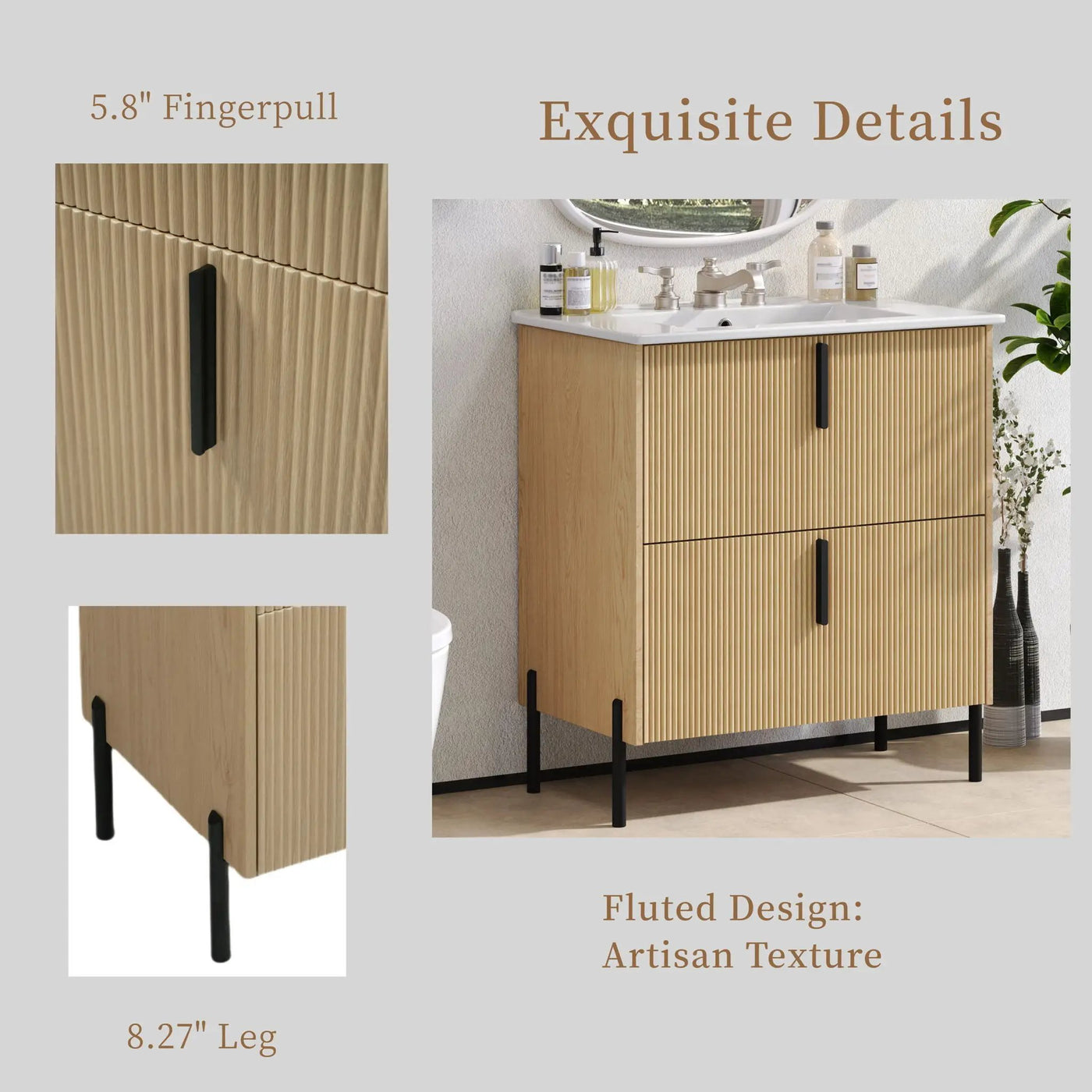 Bathroom Vanity With Ceramic Sink, Fluted Design by HouseOfZazla