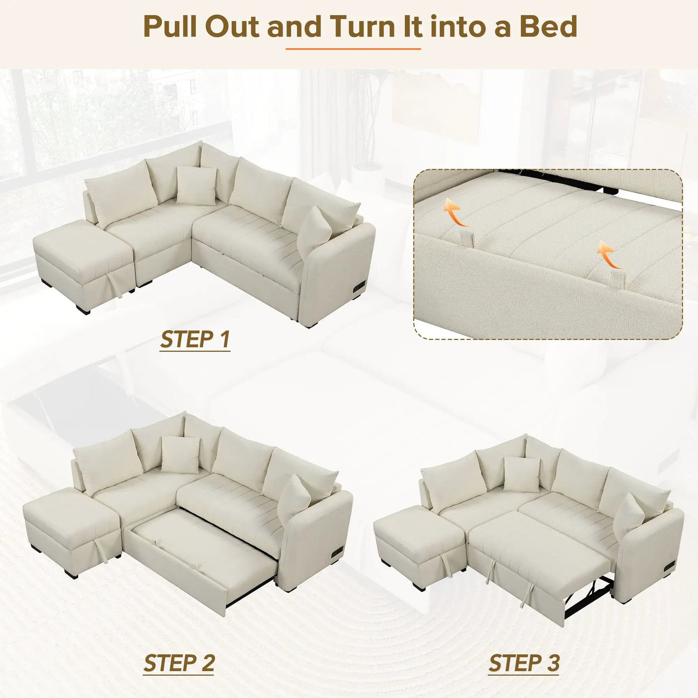 L-Shaped Sectional Pull Out Sofa Bed Sleeper Sofa With Two USB Ports, Two Power Sockets And A Movable Storage Ottoman by Unique Piece Furniture