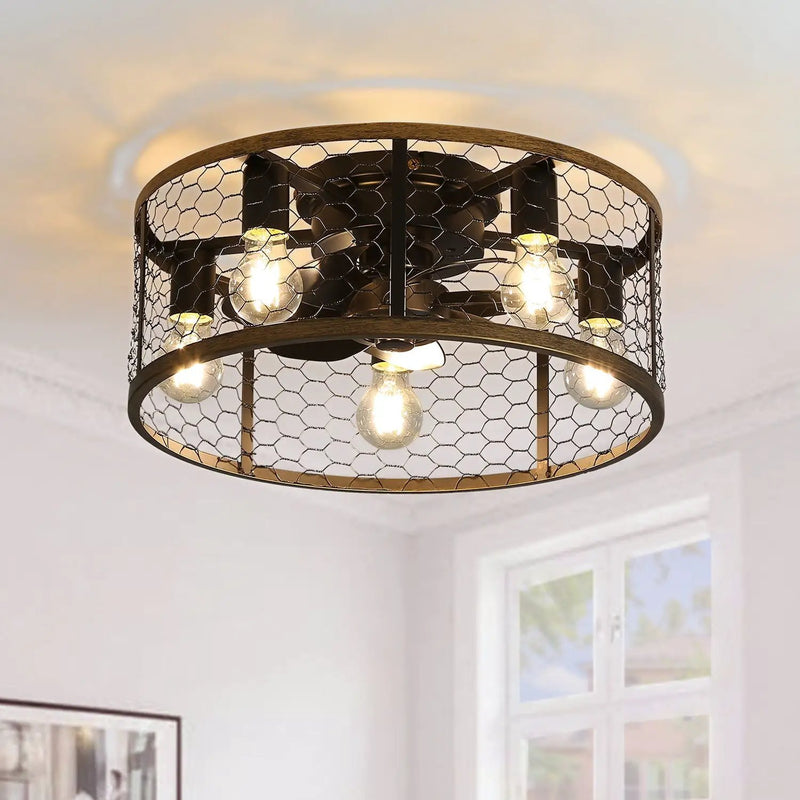 20" Industrial Caged Ceiling Fan, With 7 - ABS Blades Remote Control Reversible DC Motor, Small Flush Mount Ceiling Fan For Farmhouse - Black by Unique Piece Furniture