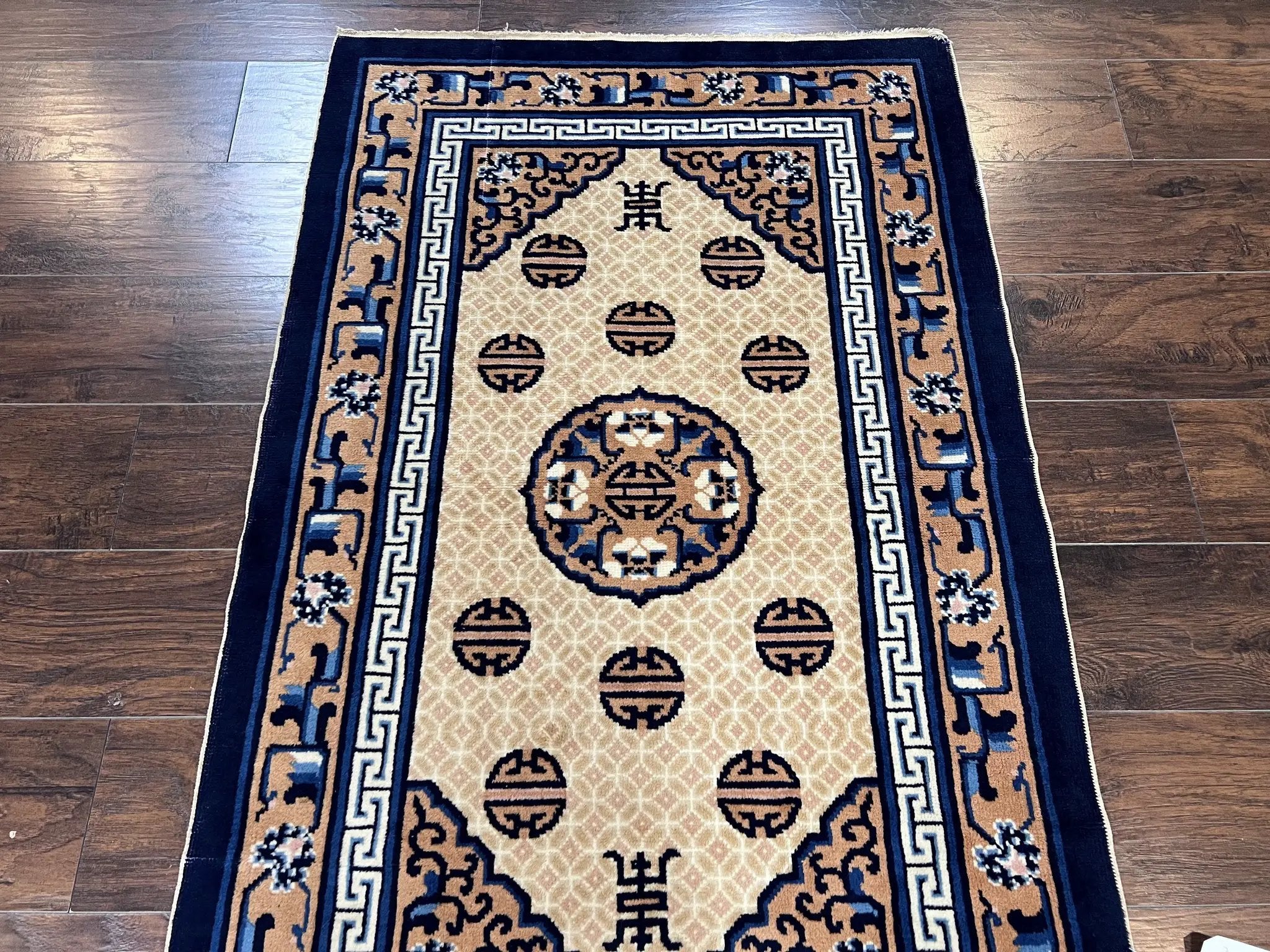Chinese Peking Rug 3x5, Antique Chinese Art Deco Carpet, Blue Ivory Tan, Hand Knotted Wool Asian Oriental Rug 3 x 5 Vintage Small Peking Rug by Jewel Rugs