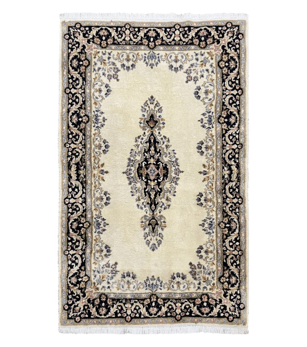 Persian Kirman Rug 4x7, Wool Hand Knotted Antique Carpet, Beige, Semi Open Field Medallion Rug, Traditional Handmade Oriental Rug by Jewel Rugs